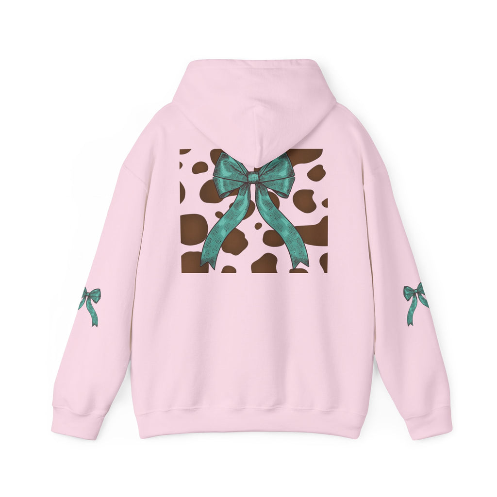 Mama Leopard Letters teal bow Hoodie | Cow print back panel, sleeve bows