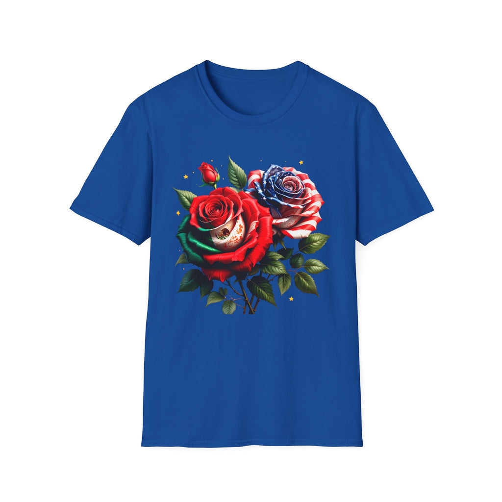 Patriotic Rose Skull T-Shirt — American Flag Blue & Red Floral Tee