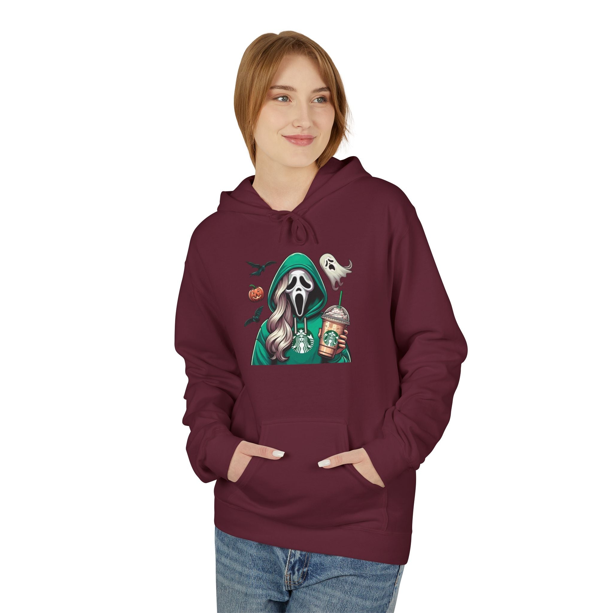 Halloween Ghost Rider Hoodie — Cute Grim Reaper with Pumpkin & Coffee Graphic