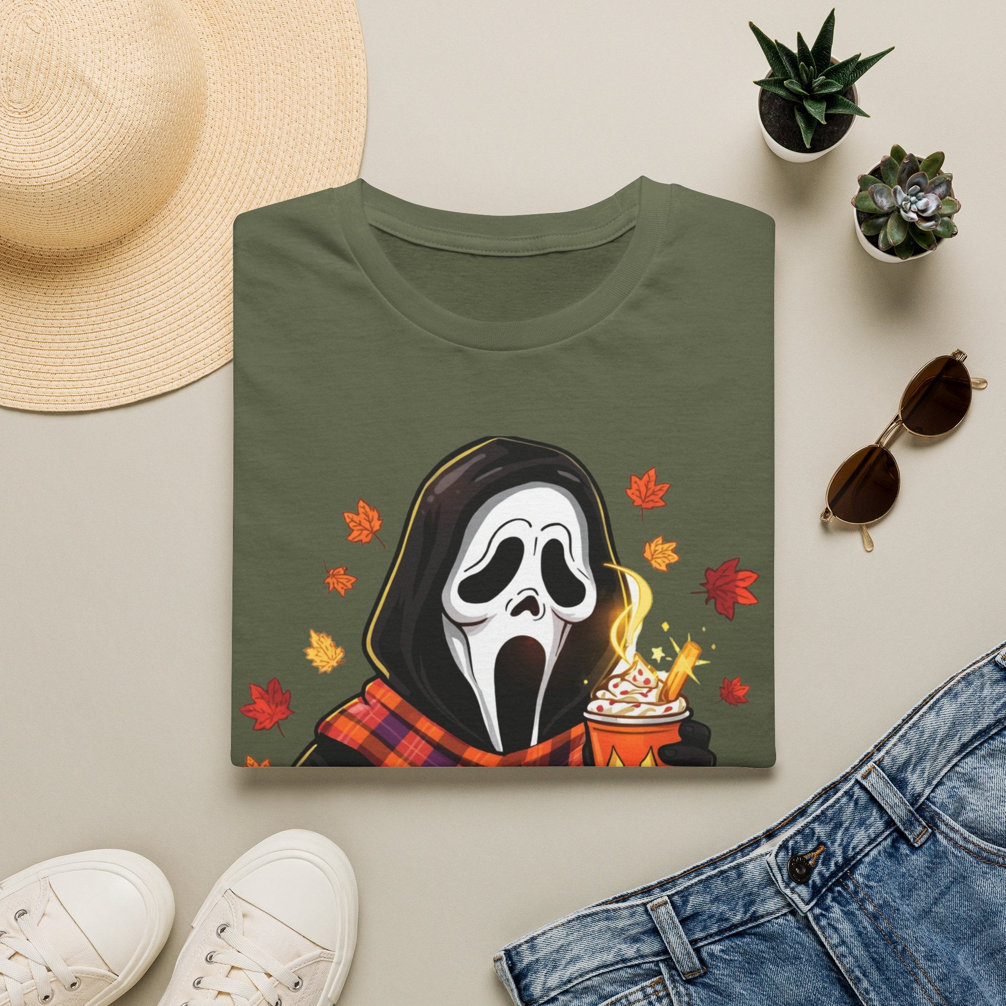 Halloween Scream Mask T‑Shirt — Cozy Fall Pumpkin & Hot Cocoa Graphic Tee