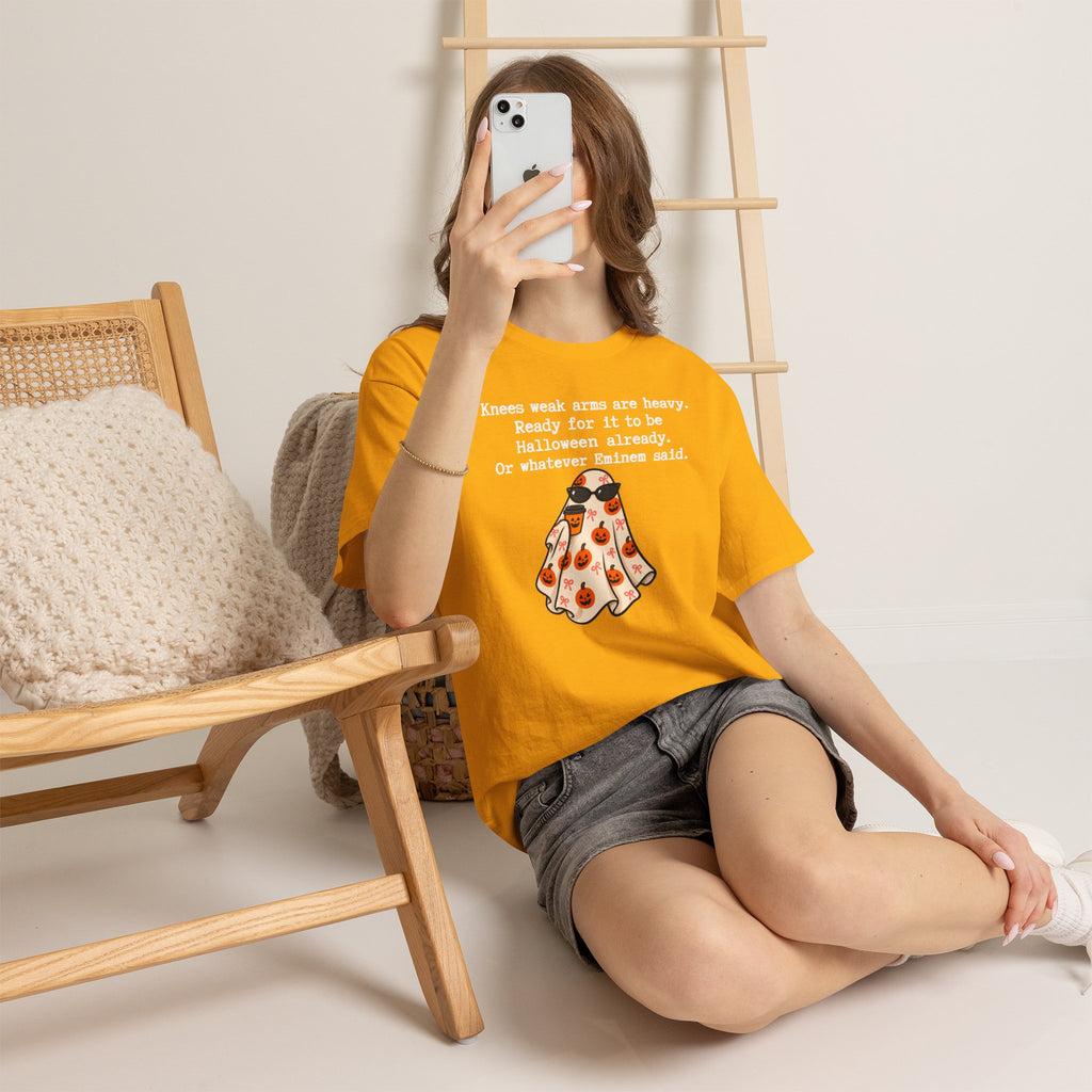 Funny Halloween Ghost T‑Shirt – "Knees Weak Arms Are Heavy" Pumpkin Ghost Tee