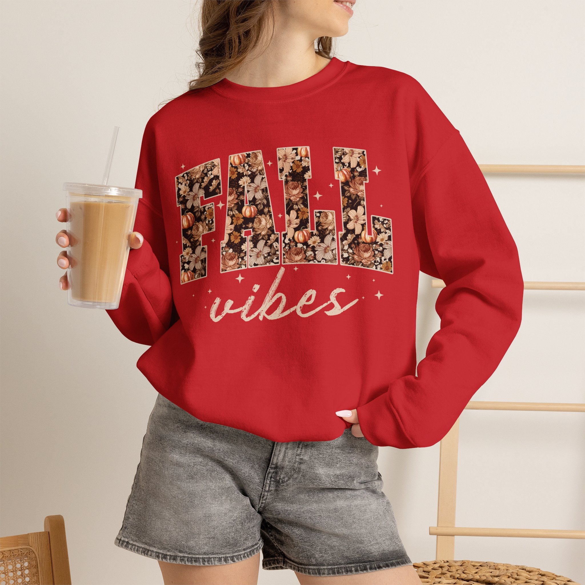 Fall Vibes Crewneck Sweatshirt — Floral Lettering Autumn Pullover