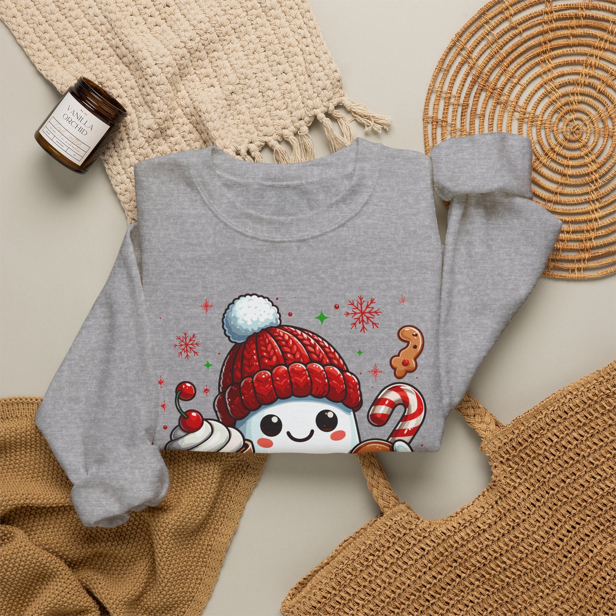 Holiday Marshmallow Character Sweatshirt — Cute Snowman with Gingerbread & Hot Cocoa