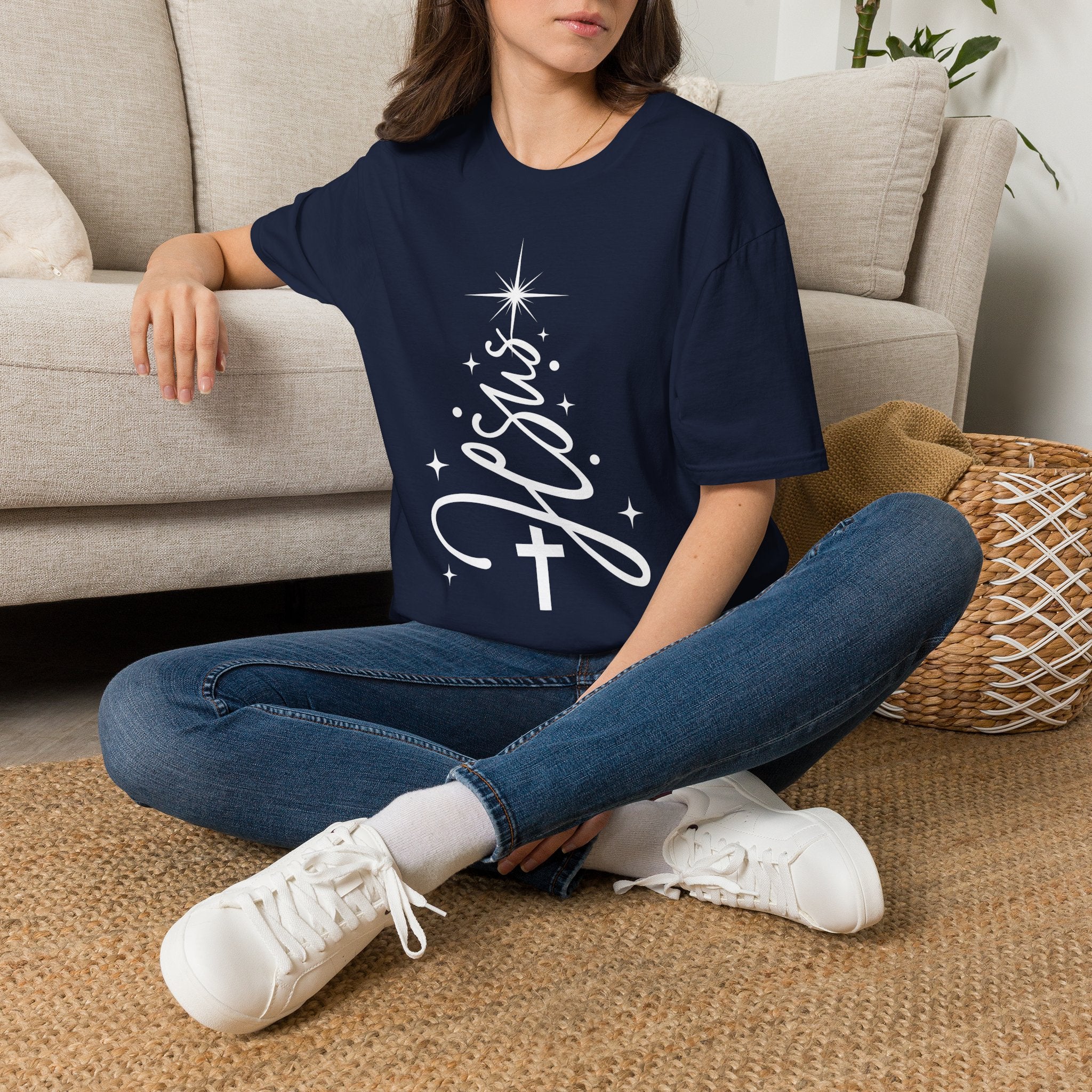 Jesus Christmas T-Shirt — Script Cross & Star Holiday Tee
