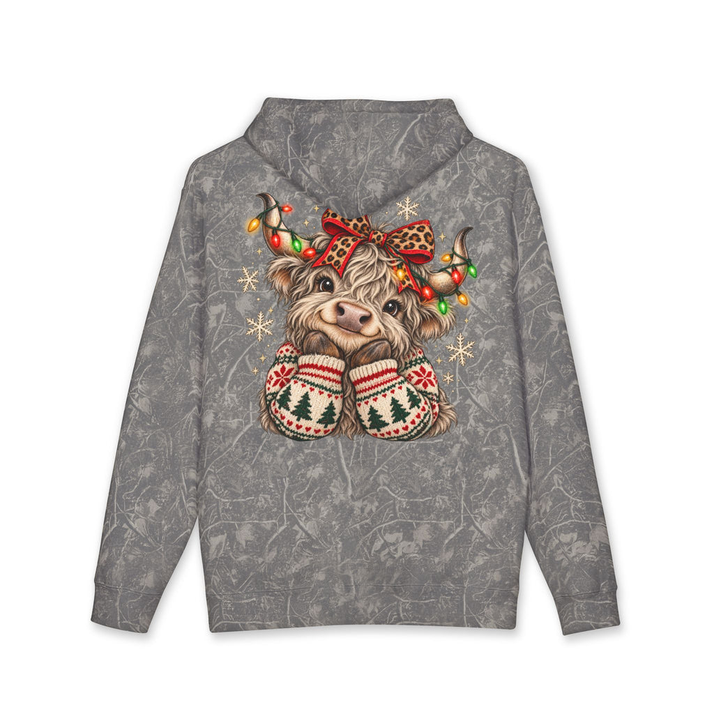 Christmas Cow Hoodie – Cute Highland Cow with Festive Lights & 'Merry Dolly Christmas' Design