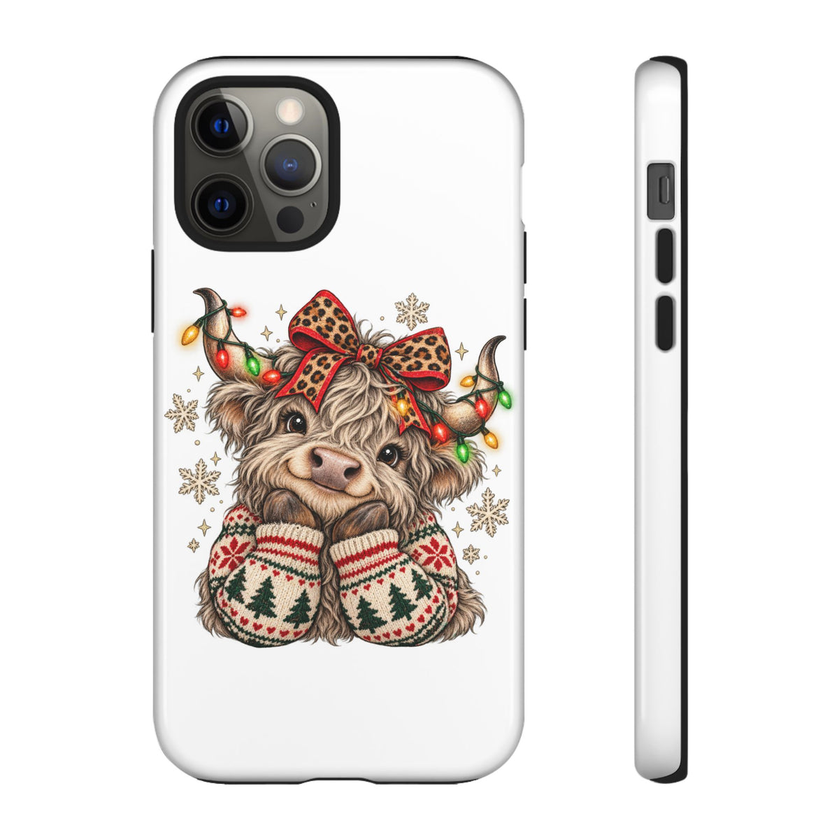 Holiday Highland Cow Phone Case – Festive Lights & Cozy Sweater Design