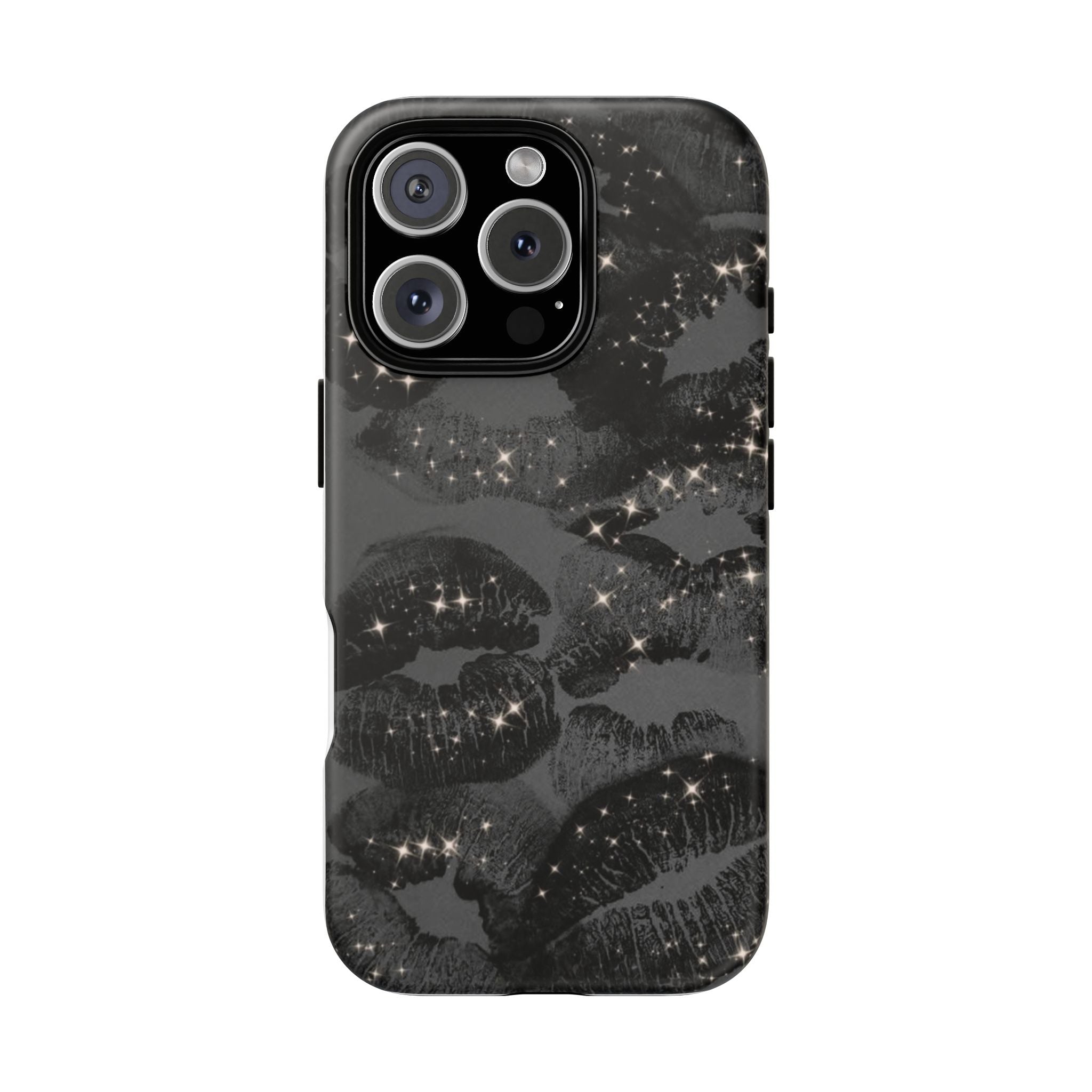 Black Glitter Kiss Phone Case — Sparkling Lip Print Protective Cover
