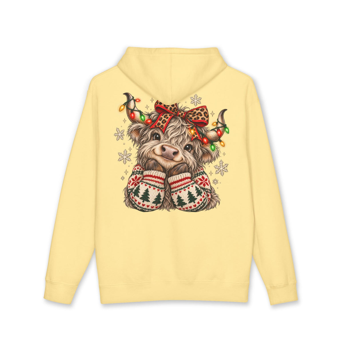 Christmas Cow Hoodie – Cute Highland Cow with Festive Lights & 'Merry Dolly Christmas' Design