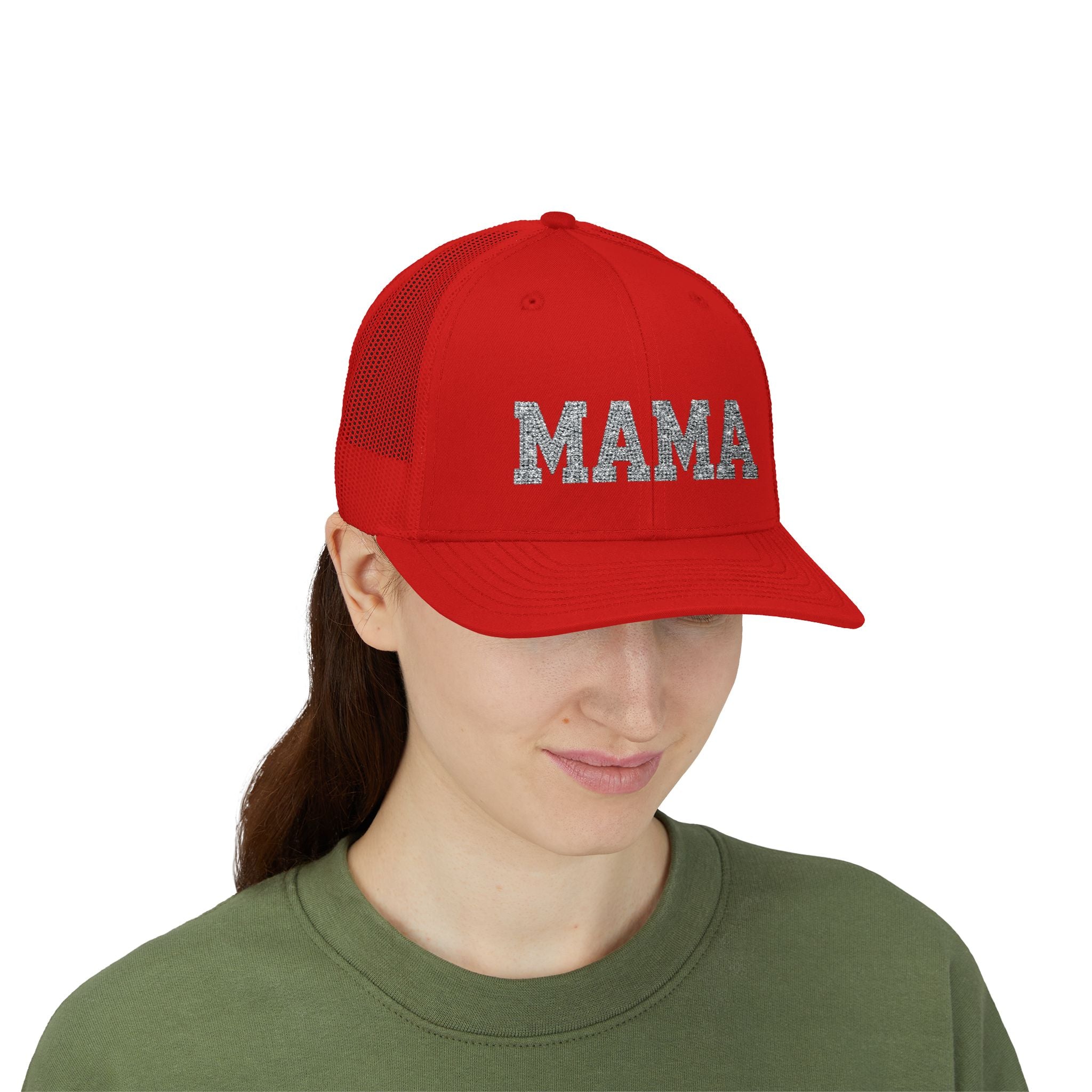 Mama Snapback Trucker Cap — Glitter Script "MAMA" Mesh Back Hat for Moms, Mother's Day Gift