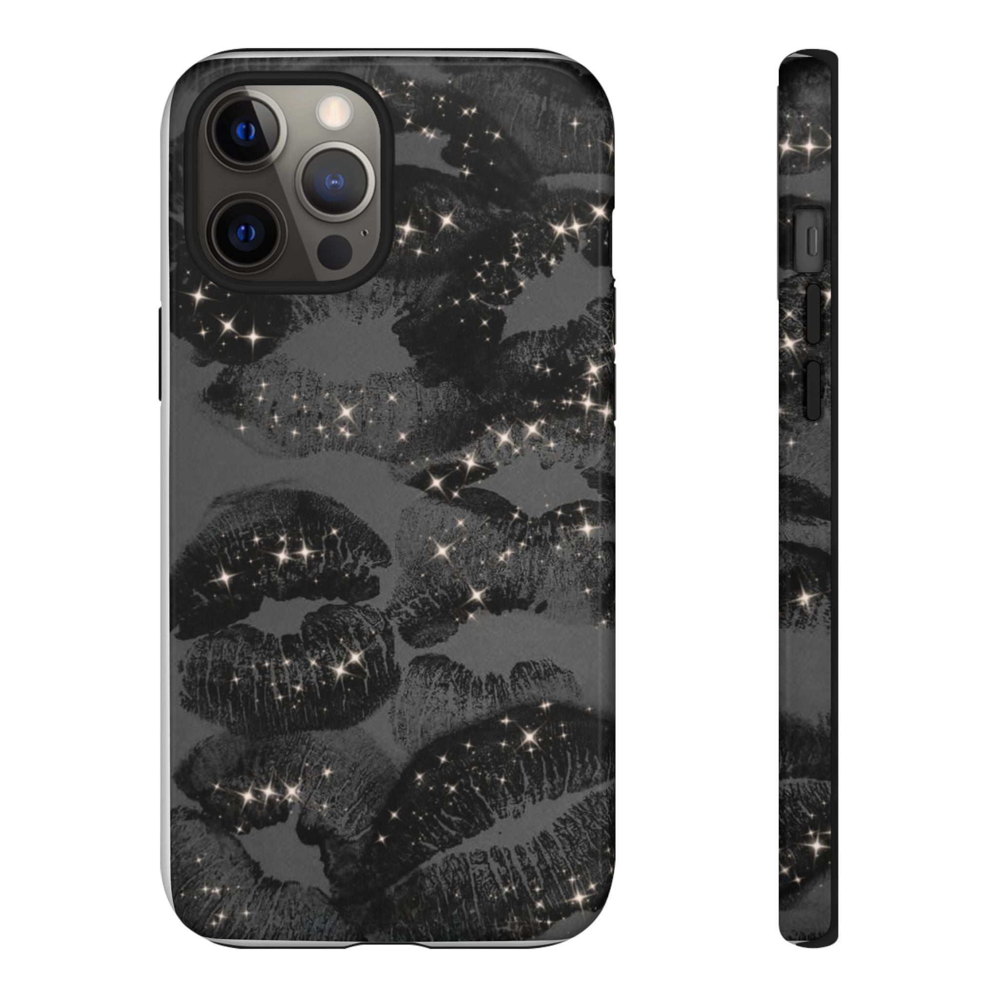 Black Glitter Kiss Phone Case — Sparkling Lip Print Protective Cover