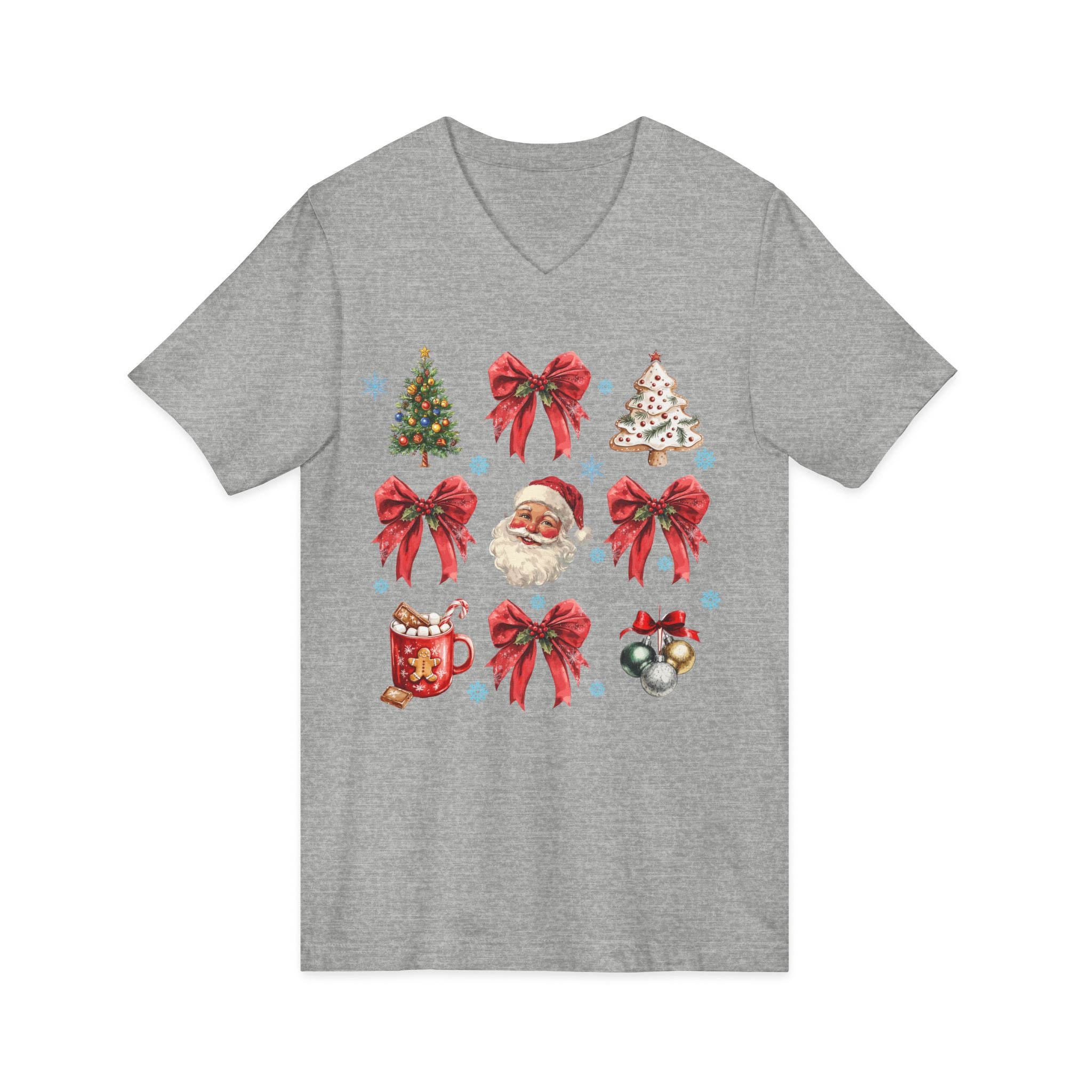 Christmas Icons V-Neck Tee — Santa, Trees & Holiday Bows