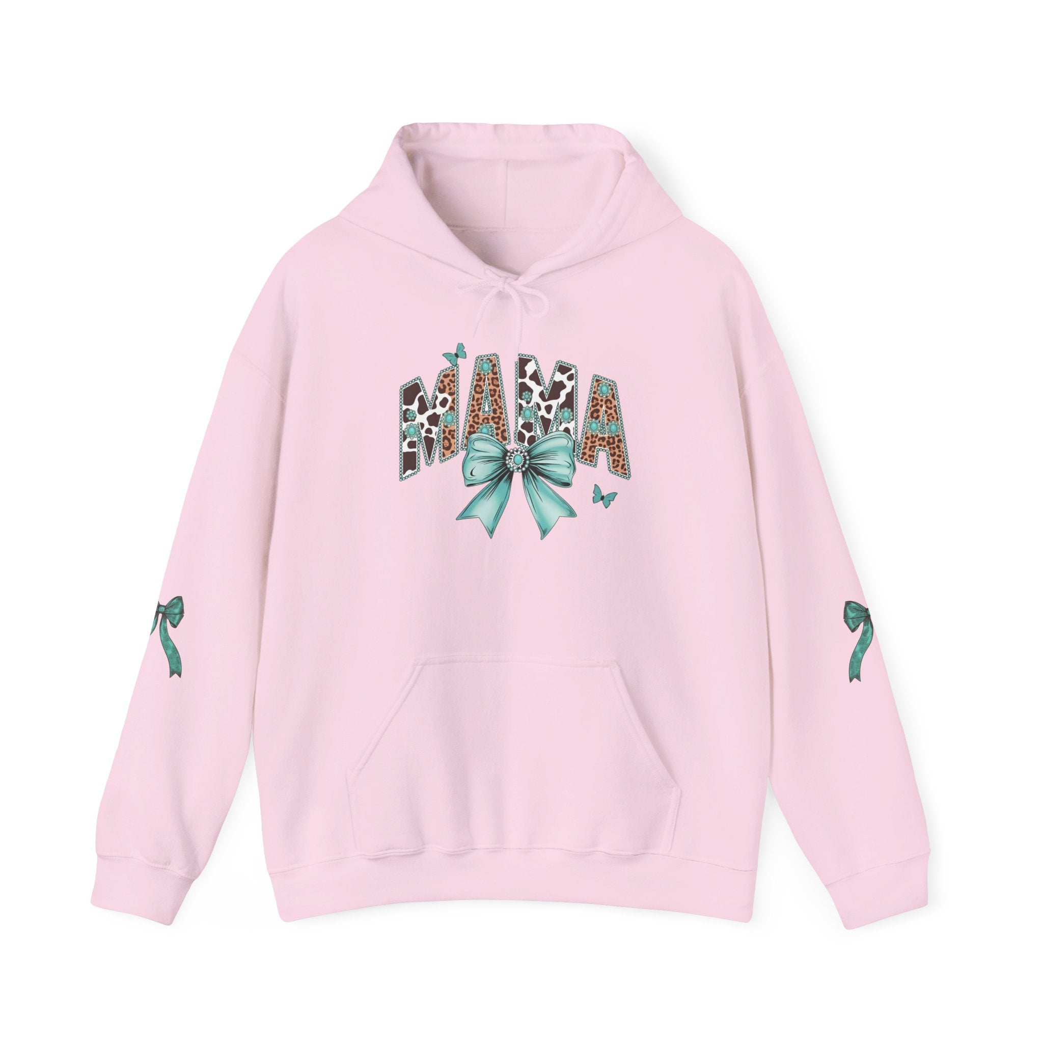 Mama Leopard Letters teal bow Hoodie | Cow print back panel, sleeve bows