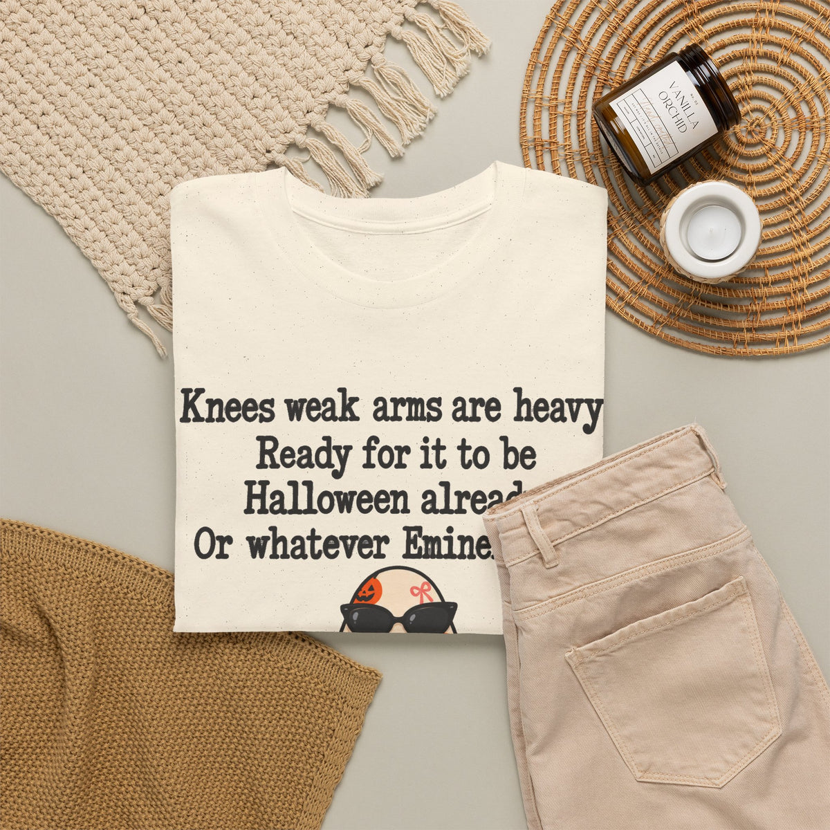 Funny Halloween Ghost T-Shirt — "Knees weak arms are heavy. Ready for it to be Halloween already. Or whatever Slim said."