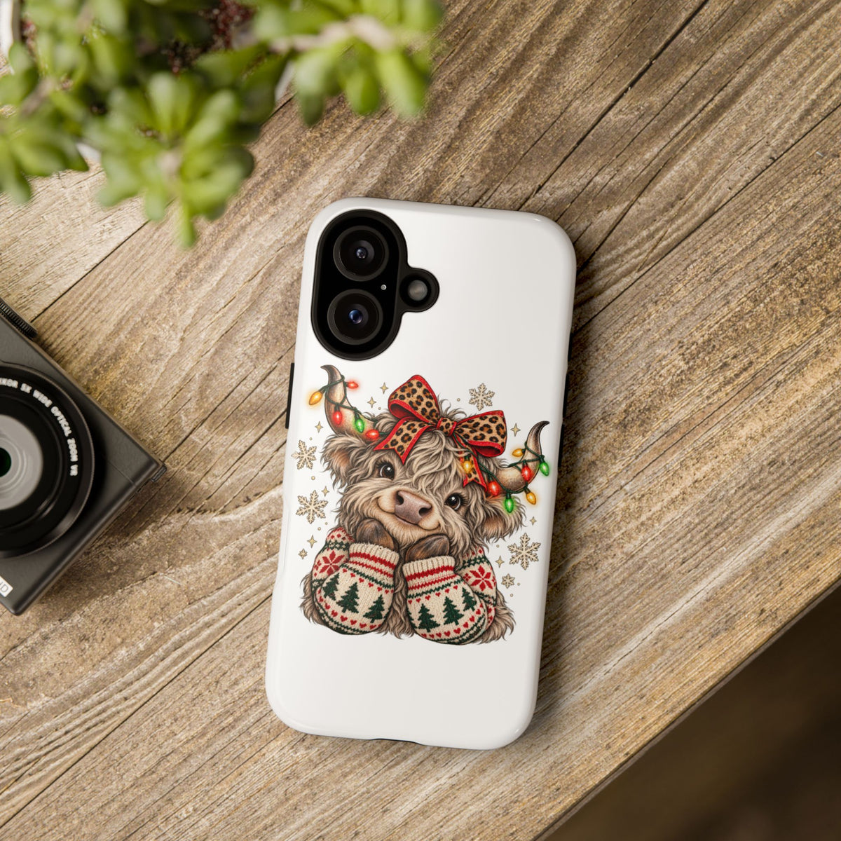 Holiday Highland Cow Phone Case – Festive Lights & Cozy Sweater Design