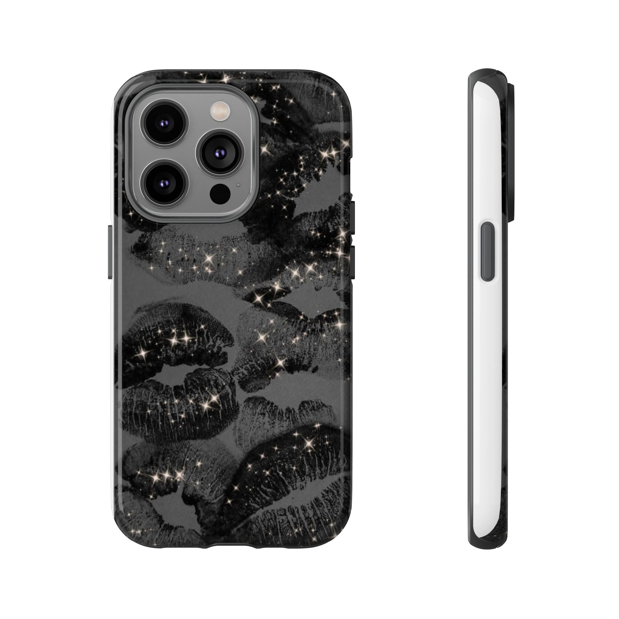 Black Glitter Kiss Phone Case — Sparkling Lip Print Protective Cover