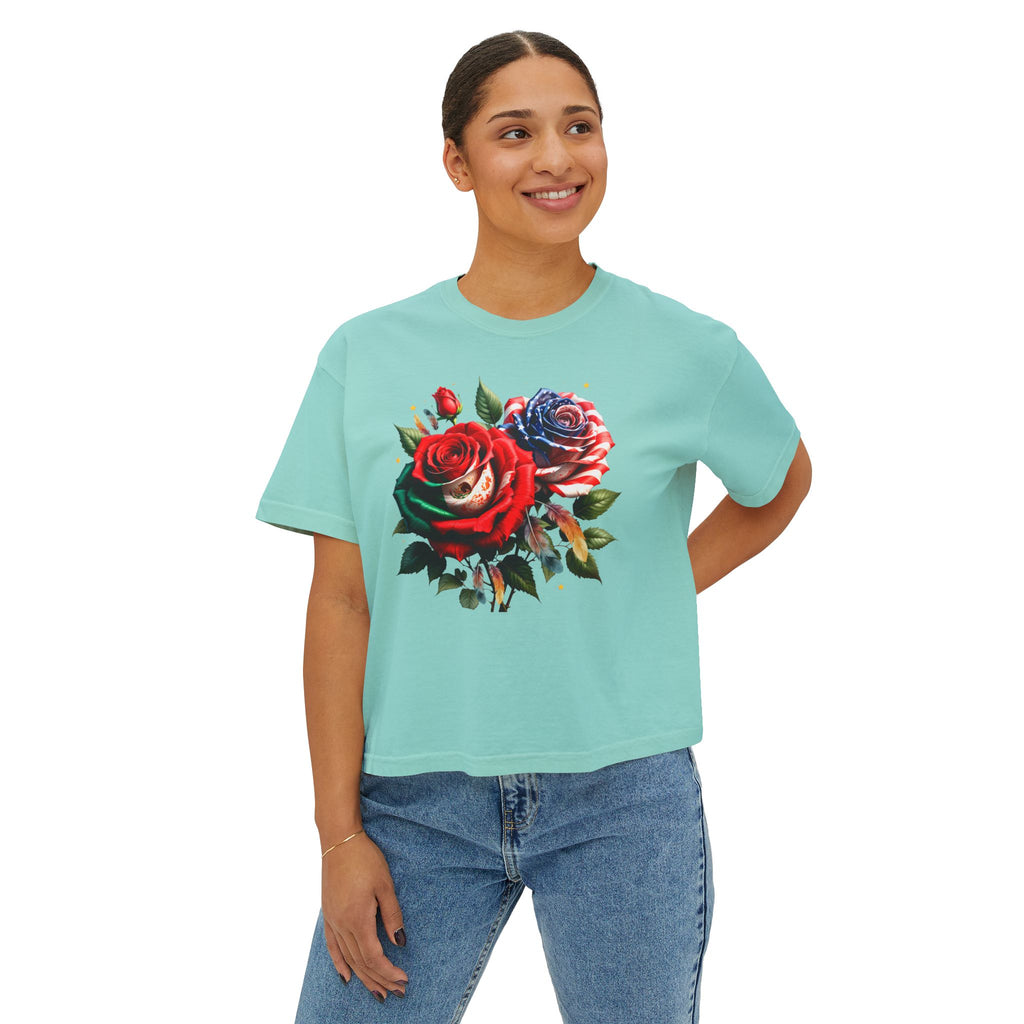 Women’s Boxy Tee — Vintage Red & Blue Rose Floral Graphic