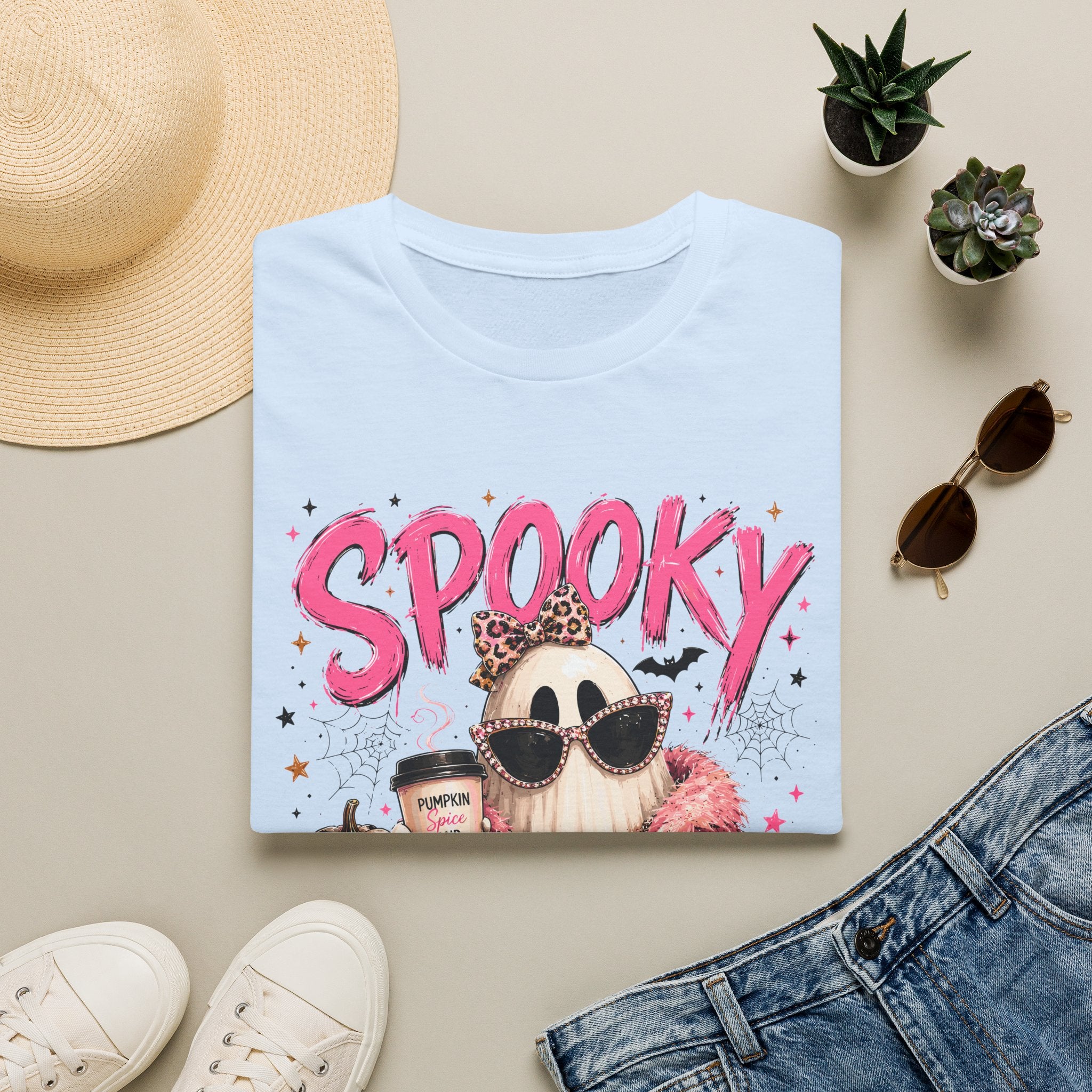Spooky Glam T-Shirt — Cute Pink Ghost with Sunglasses & Pumpkin Latte