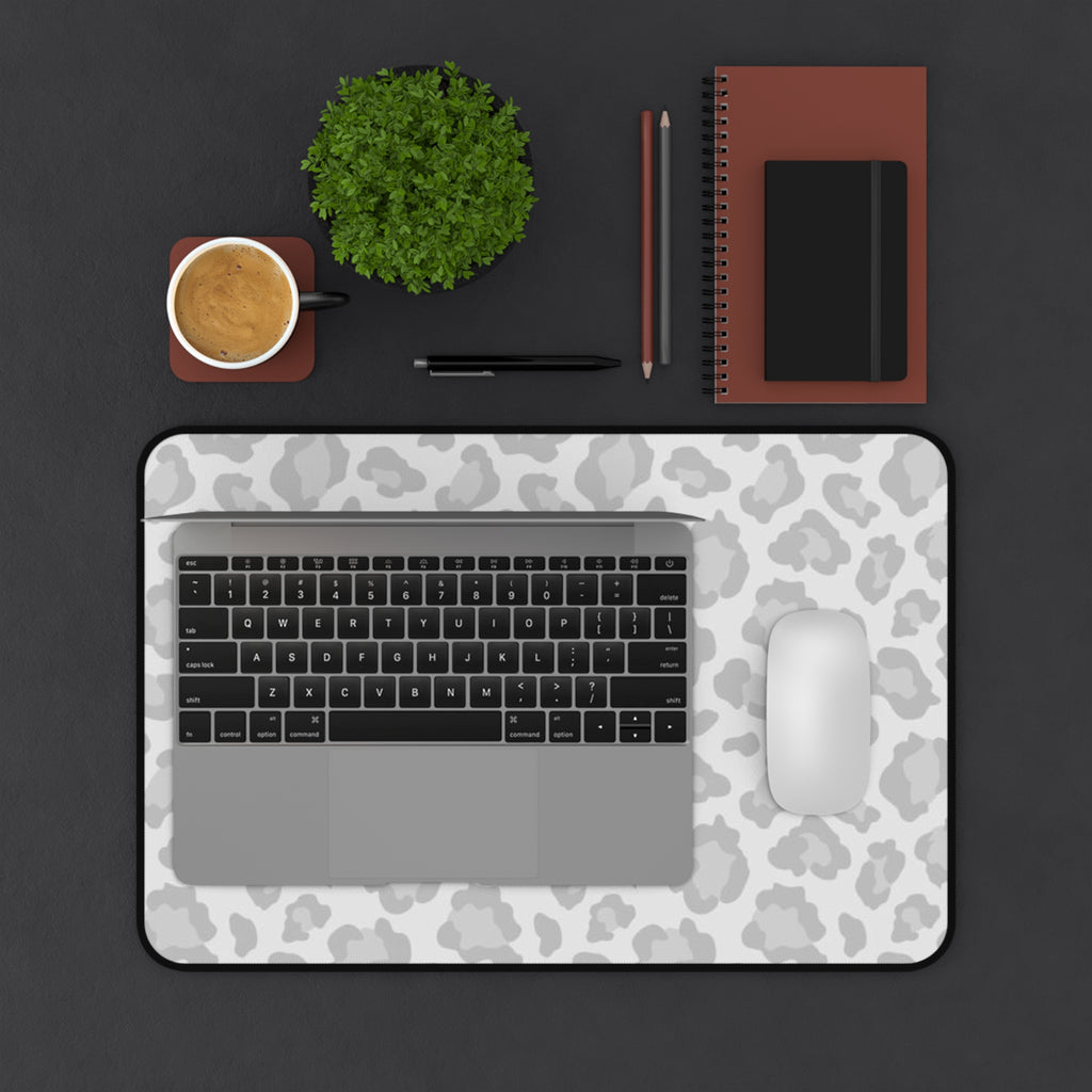Grey Leopard Print Desk Mat — Neutral Animal Pattern Mouse Pad for Home Office
