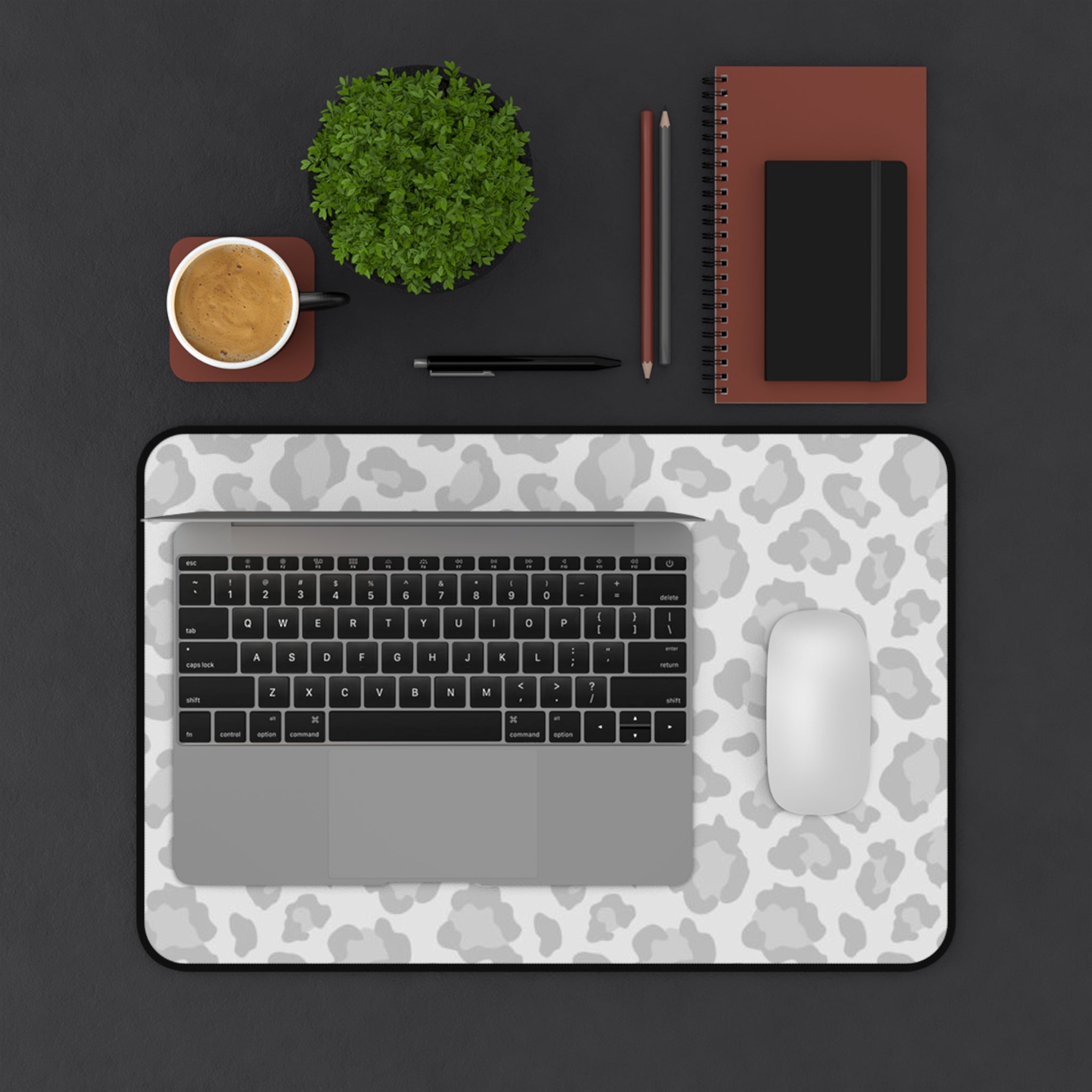 Grey Leopard Print Desk Mat — Neutral Animal Pattern Mouse Pad for Home Office