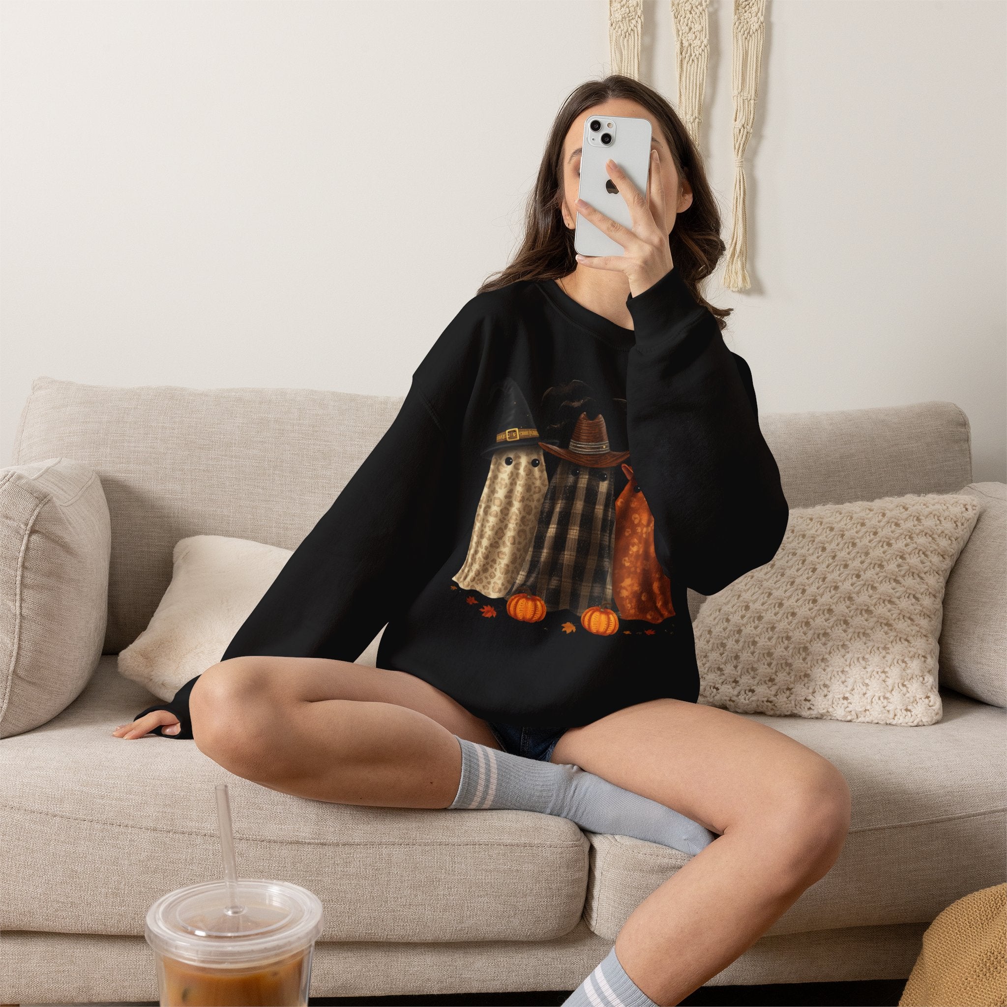 Halloween Witch Ghosts Crewneck Sweatshirt — Cozy Pumpkin & Bats Fall Graphic
