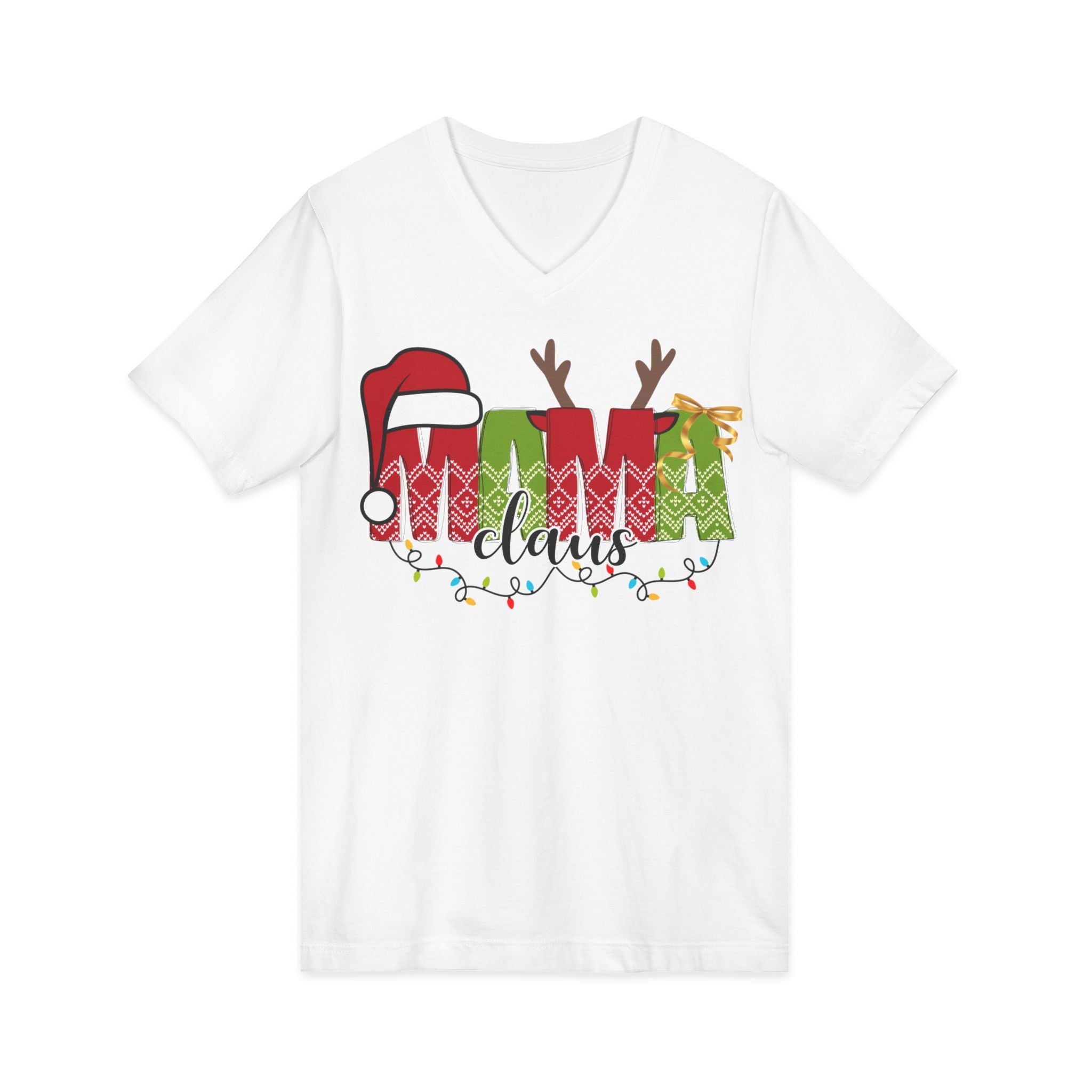 Mom Claus V-Neck Tee — Christmas Holiday Family Graphic Shirt