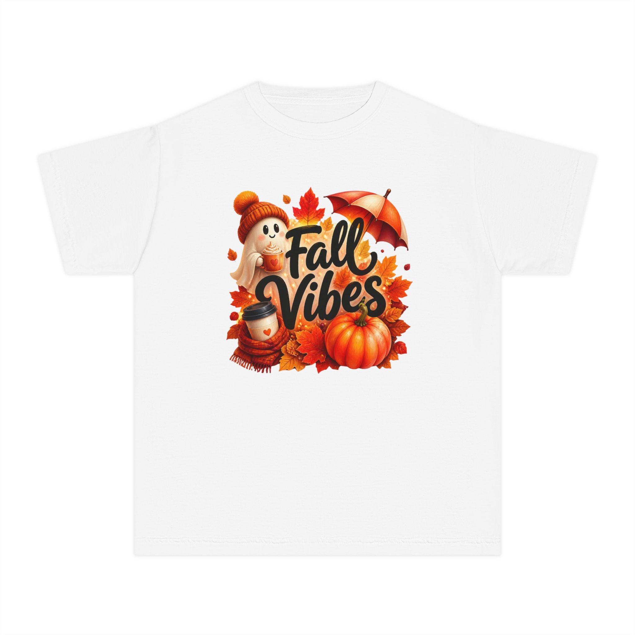 Fall Vibes Youth Tee — Cute Pumpkin, Leaves & Scarecrow Autumn Shirt