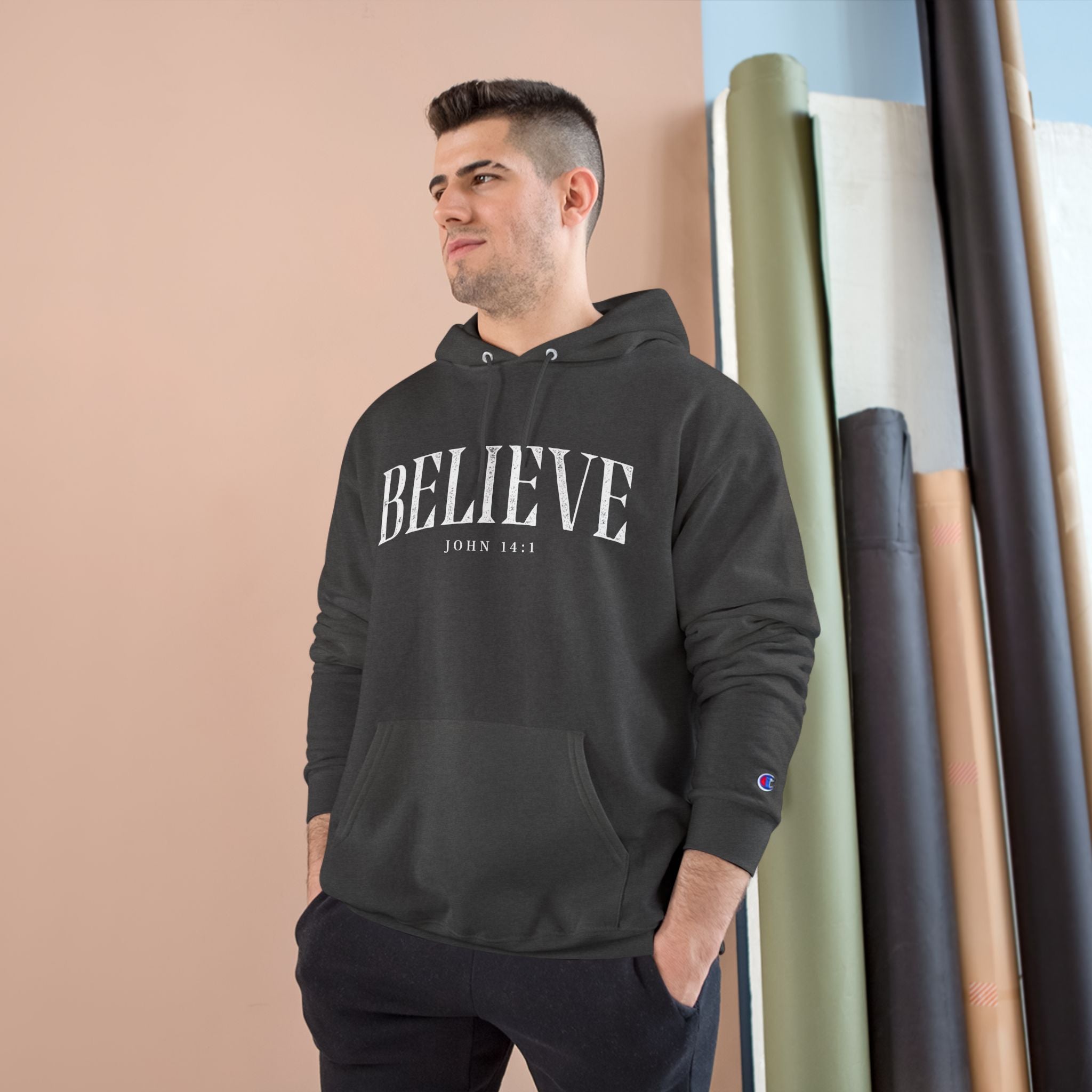 Believe Champion Hoodie — Inspirational Pullover with 'Believe' Script
