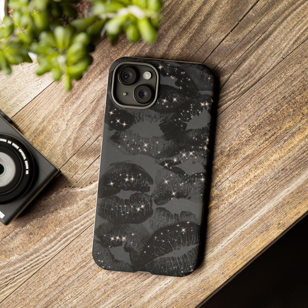Black Glitter Kiss Phone Case — Sparkling Lip Print Protective Cover