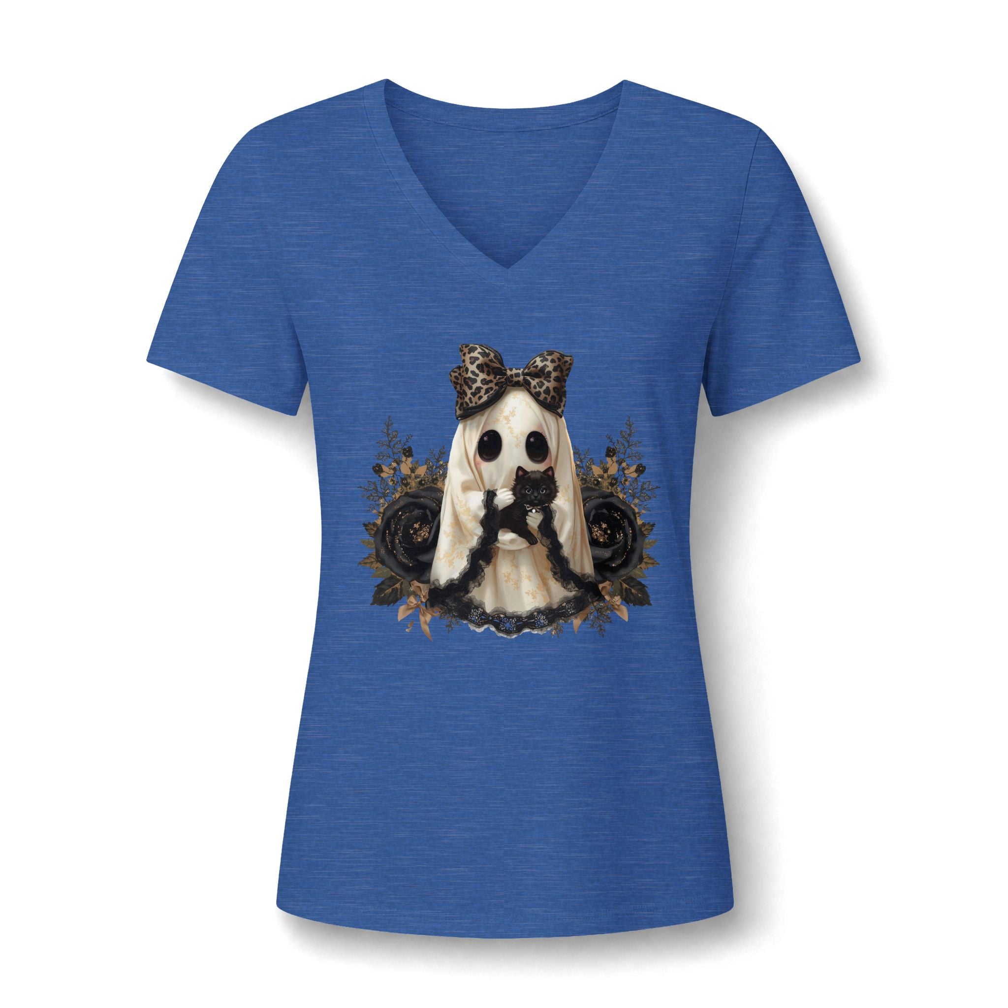 Women's V-Neck Tee — Gothic Doll with Leopard Bow Graphic