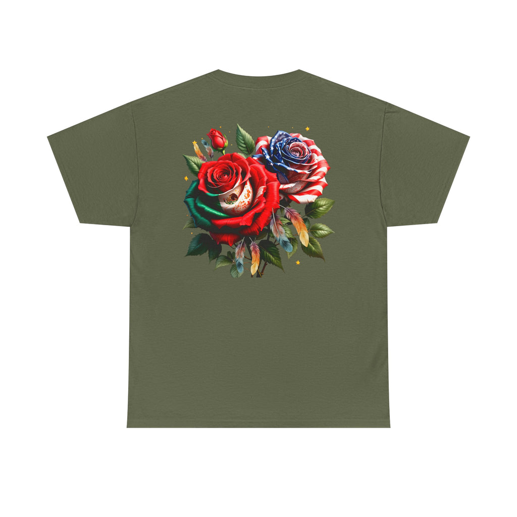 American & Italian Flag Tee with Vintage Rose Back — Patriotic Floral T-Shirt