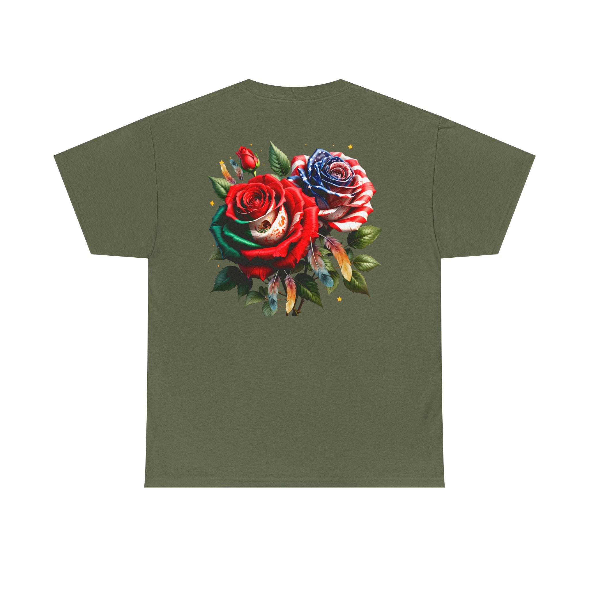 American & Italian Flag Tee with Vintage Rose Back — Patriotic Floral T-Shirt