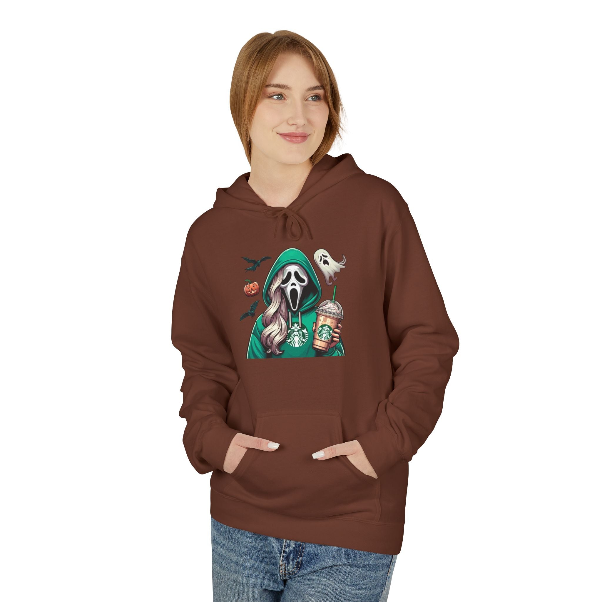 Halloween Ghost Rider Hoodie — Cute Grim Reaper with Pumpkin & Coffee Graphic