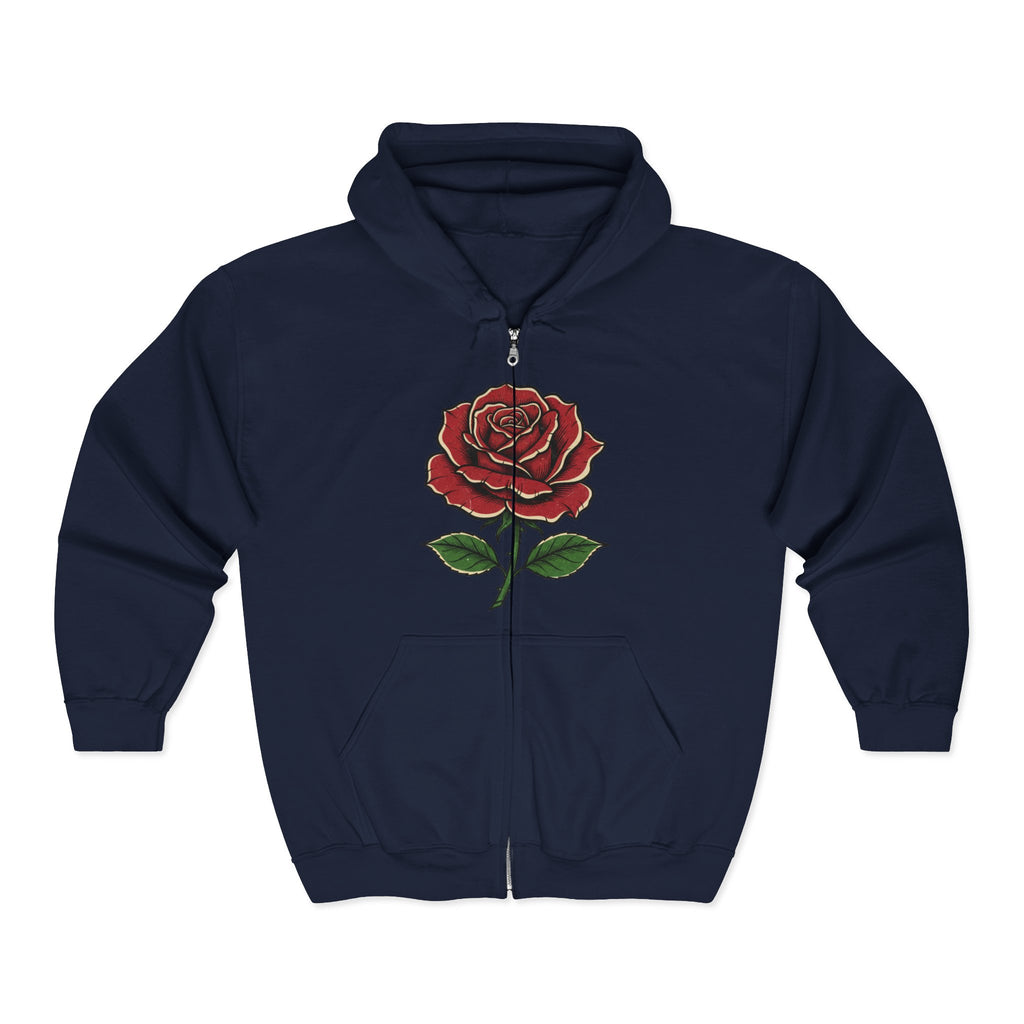 Red Rose Zip Hoodie — Vintage Floral Full-Zip Sweatshirt