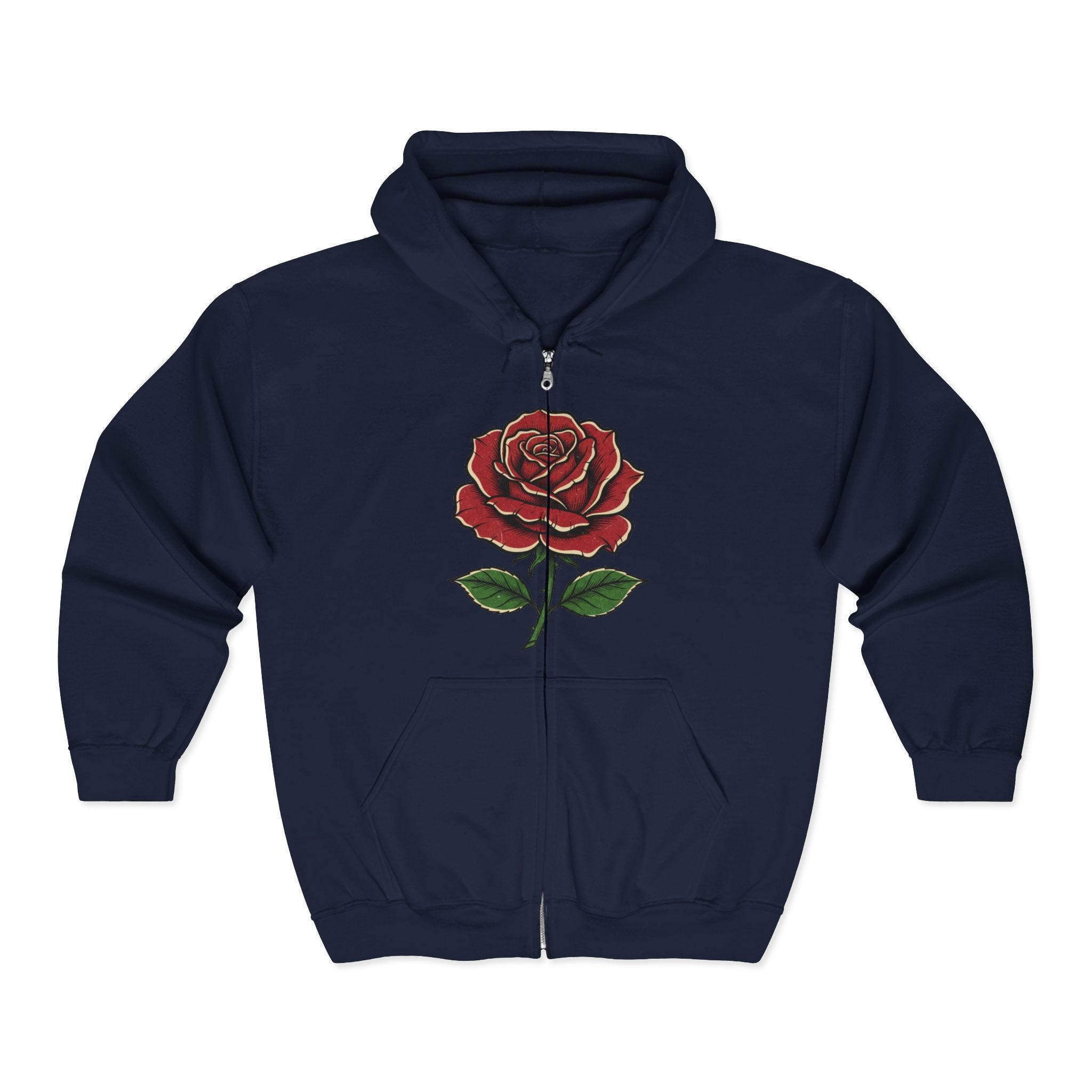 Red Rose Zip Hoodie — Vintage Floral Full-Zip Sweatshirt