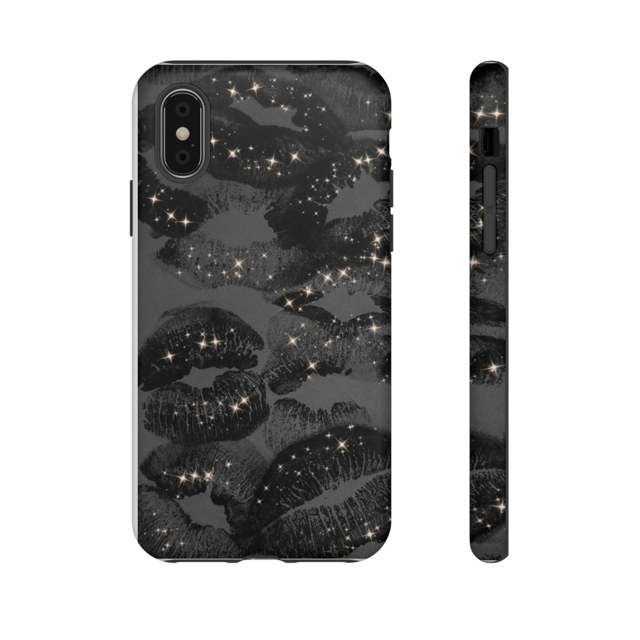 Black Glitter Kiss Phone Case — Sparkling Lip Print Protective Cover