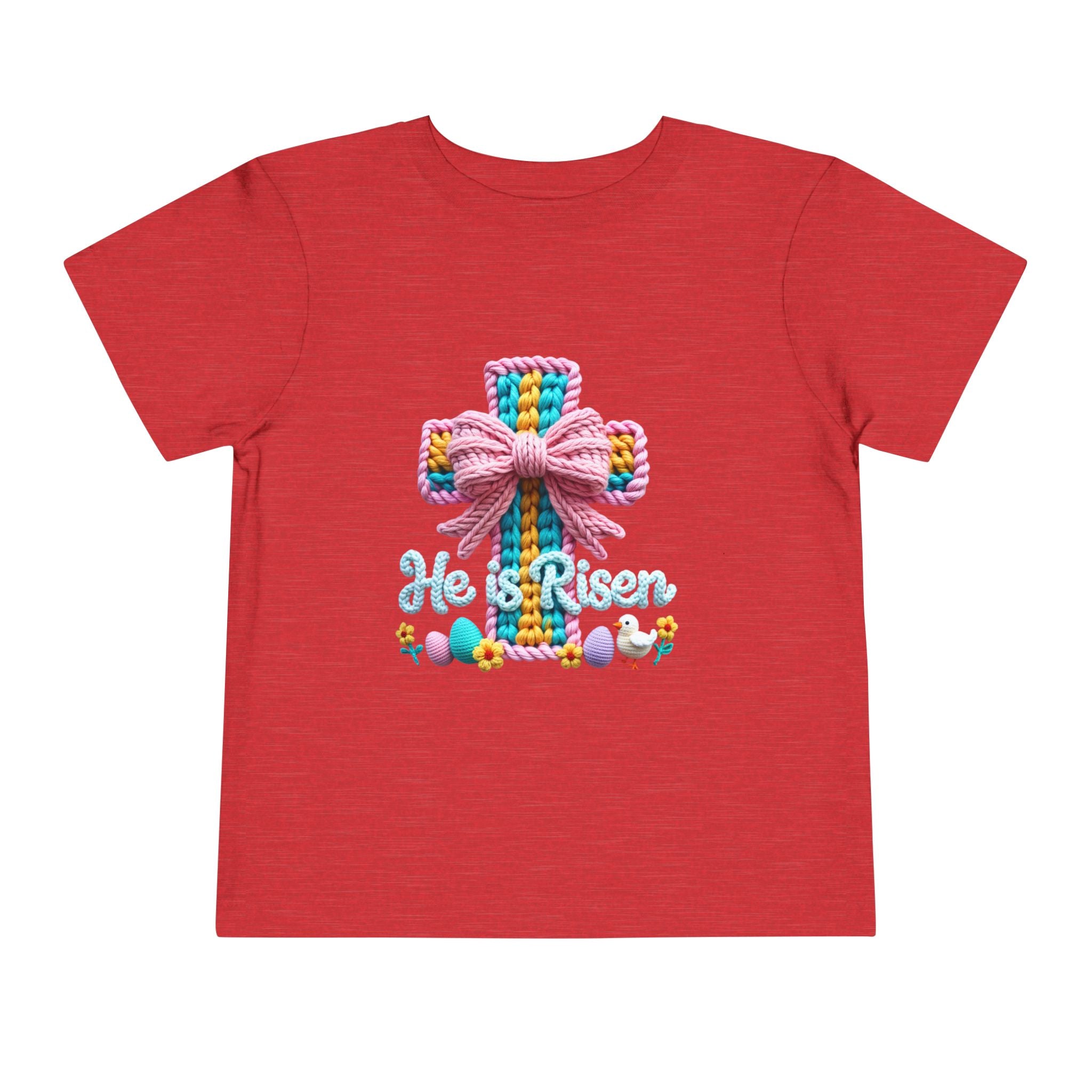 Easter Cross Toddler Tee — Colorful Knit Cross with "He is Risen" & Easter Eggs