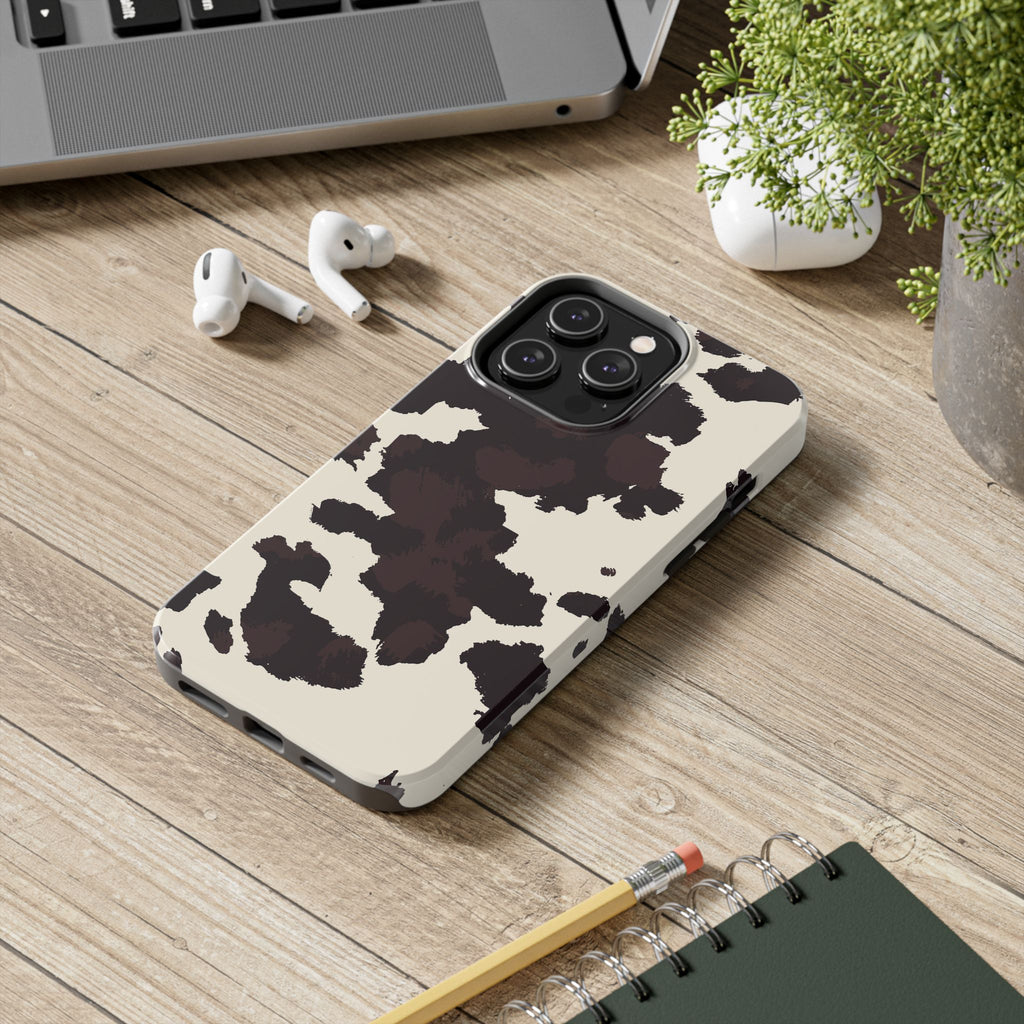 Cow Print Tough Phone Case — Brown Cream Protective Phone Cover