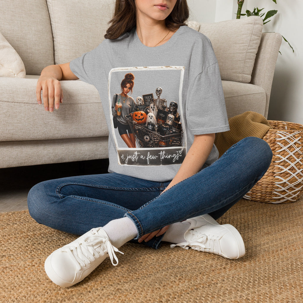Halloween Cozy Tee — Woman with Pumpkin & Skeleton Graphic