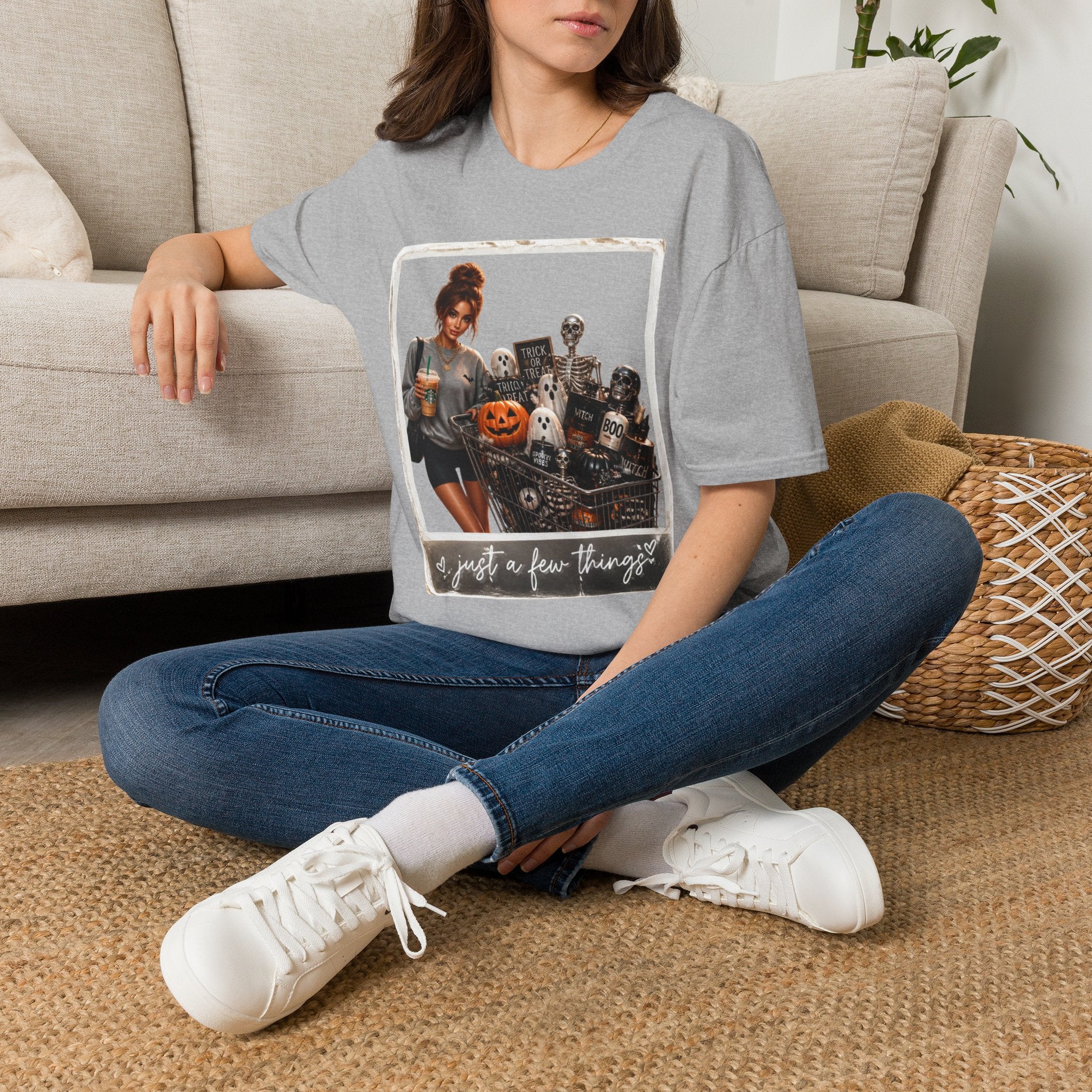 Halloween Cozy Tee — Woman with Pumpkin & Skeleton Graphic