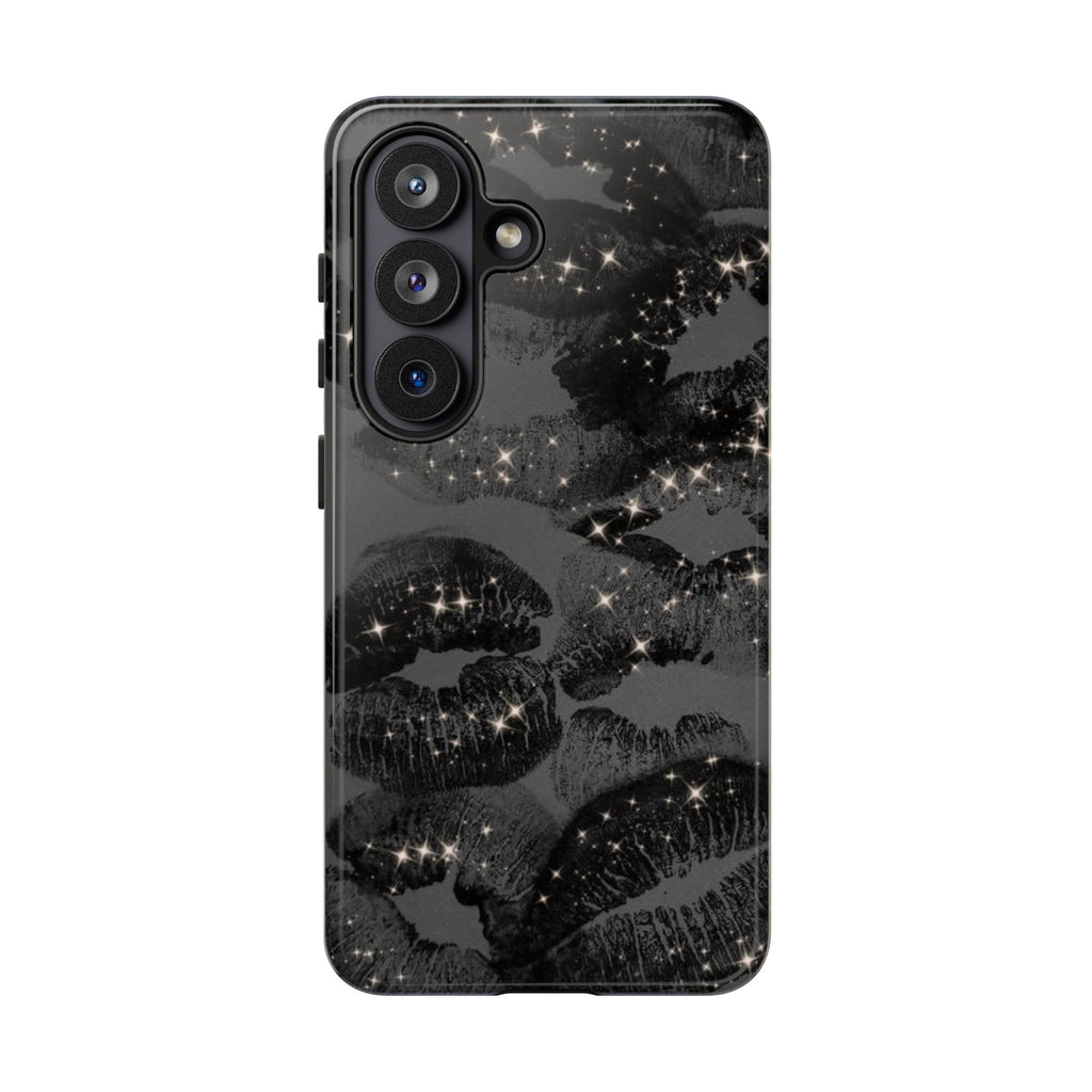 Black Glitter Kiss Phone Case — Sparkling Lip Print Protective Cover