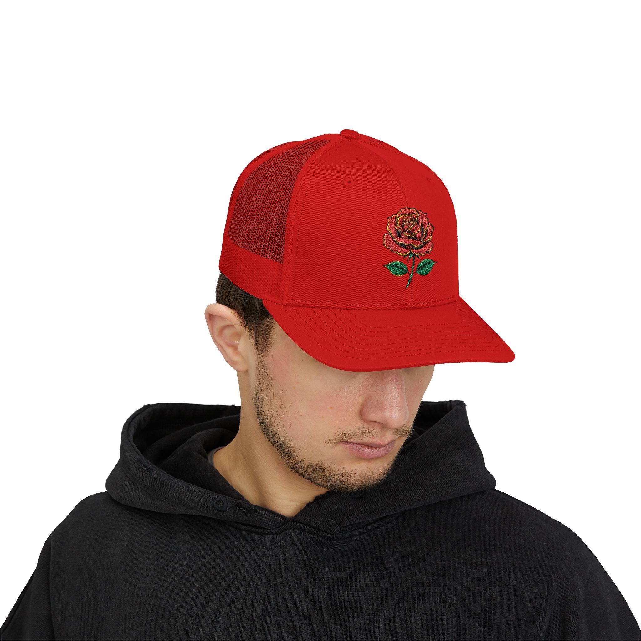 Embroidered Red Rose Trucker Cap