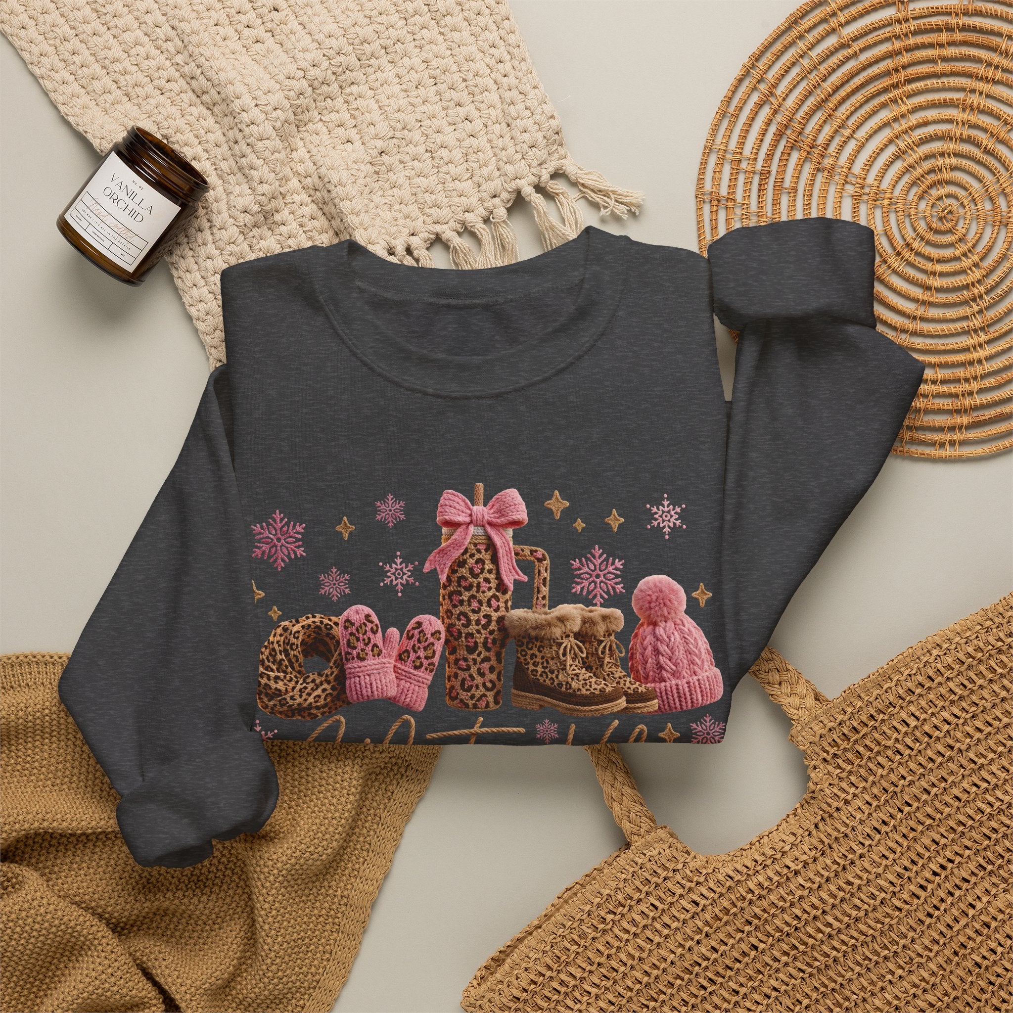 Crewneck Sweatshirt — 'Winter Vibes' Cozy Leopard Print Holiday Design