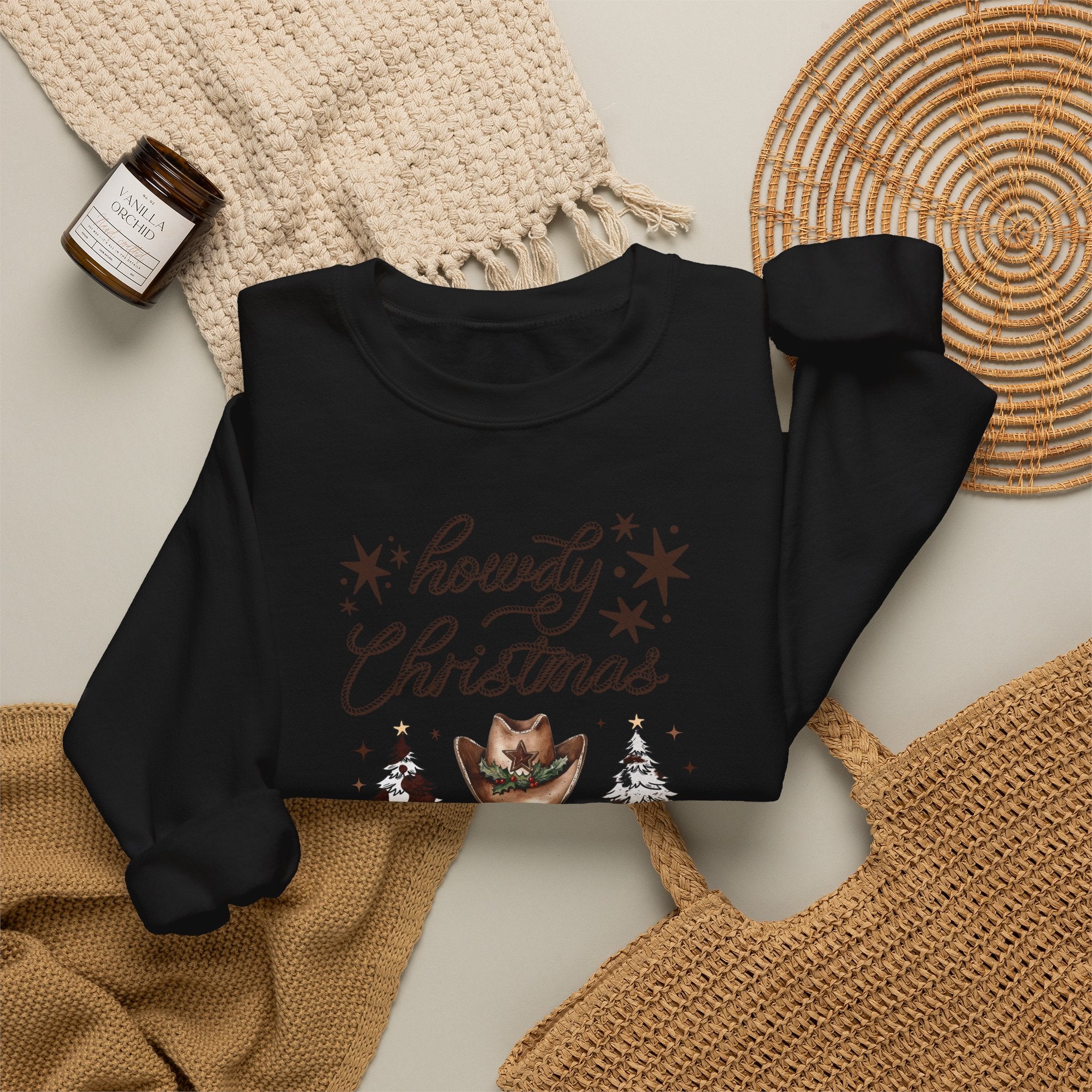 Howdy Christmas Sweatshirt — Western Cowboy Holiday Crewneck with Boots & Trees
