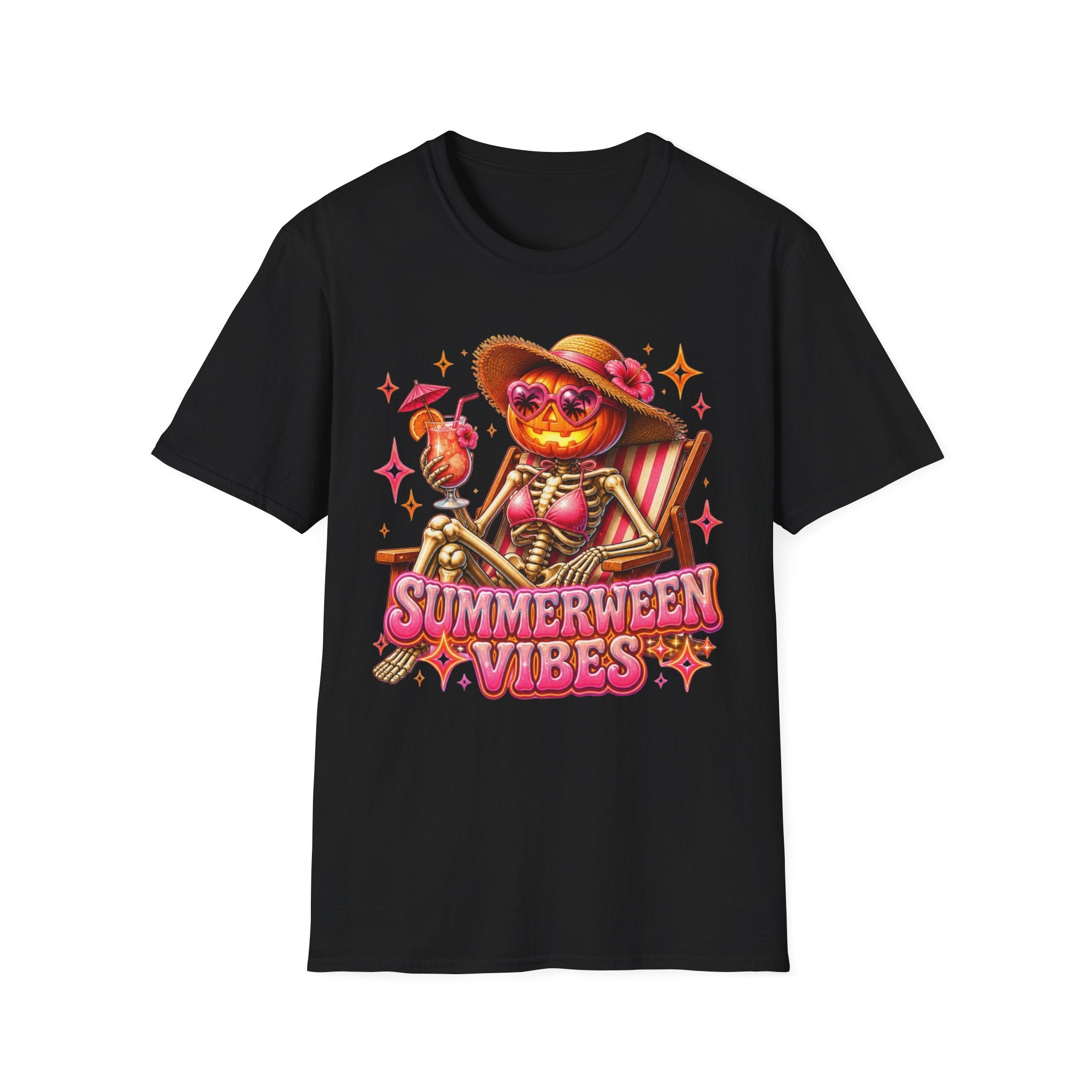 Summerween Vibes T-Shirt — Pumpkin Skeleton Beach Tee