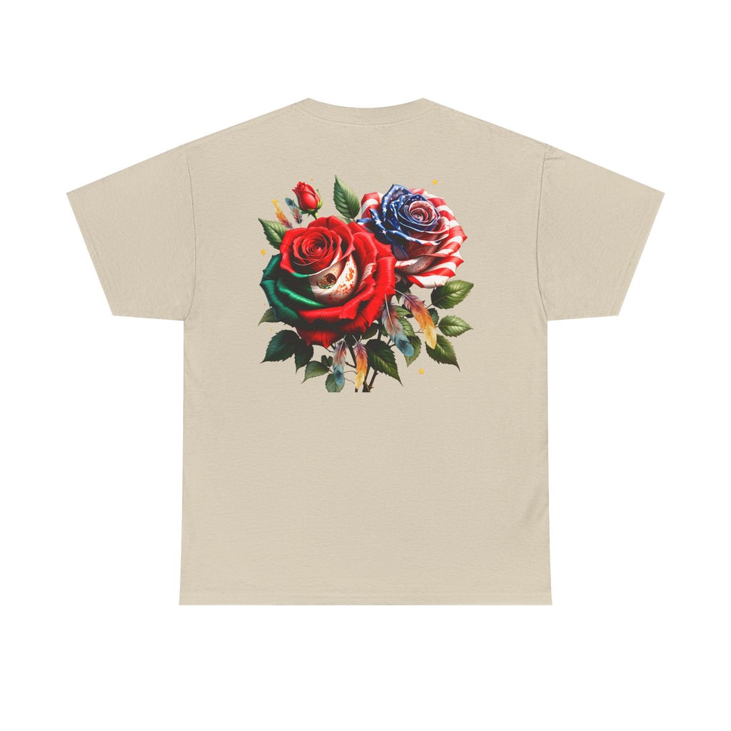 American & Italian Flag Tee with Vintage Rose Back — Patriotic Floral T-Shirt