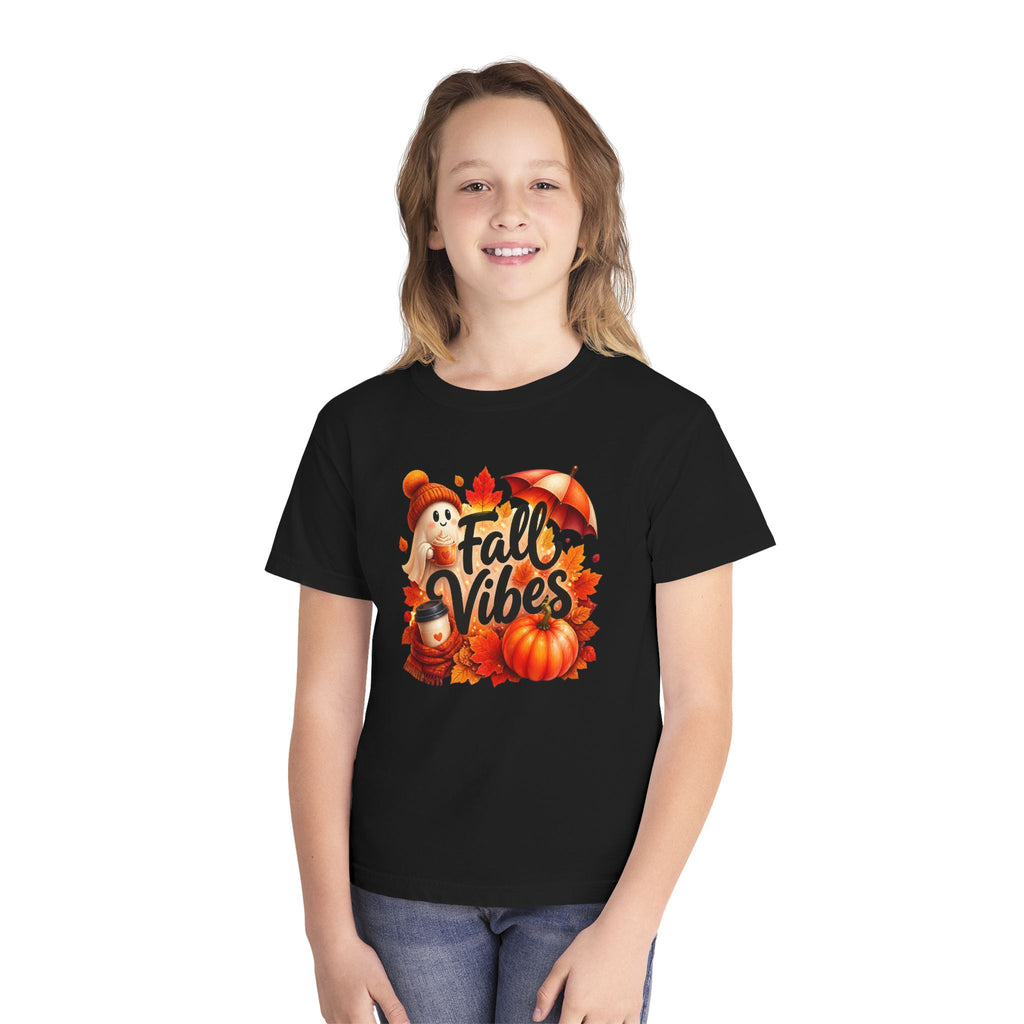 Fall Vibes Youth Tee — Cute Pumpkin, Leaves & Scarecrow Autumn Shirt