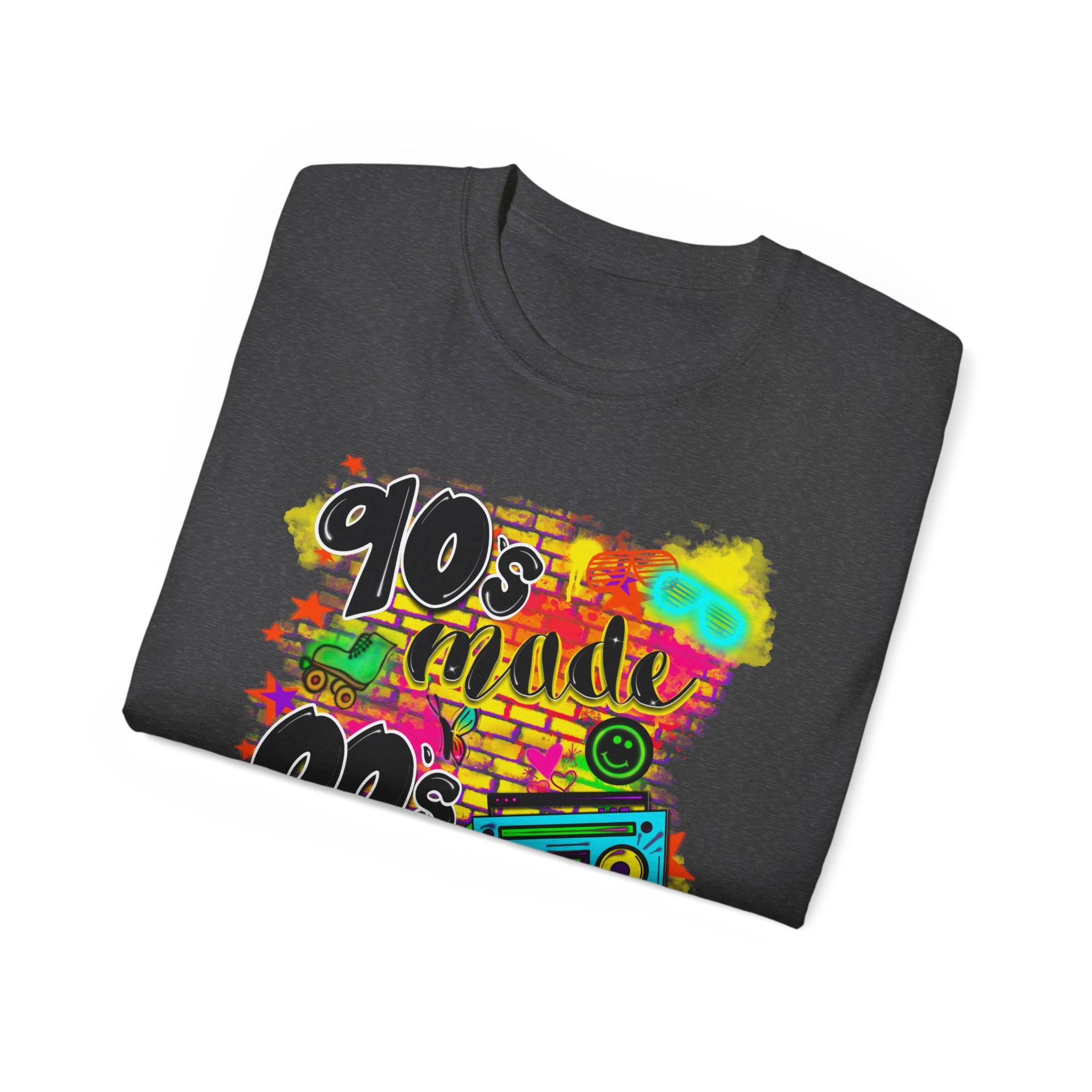 90s Made 00s Raised T-Shirt — Neon Retro Boombox Graphic Tee