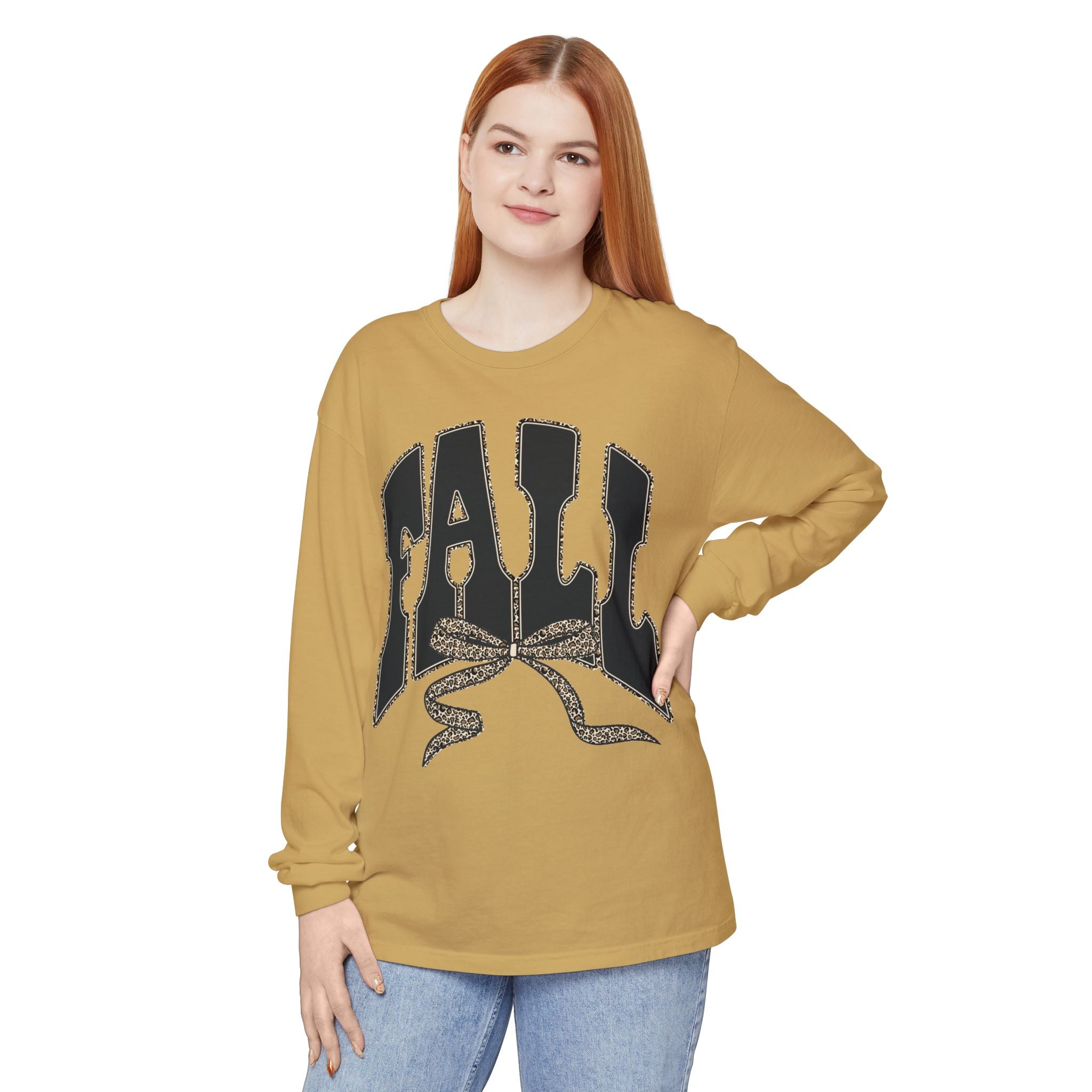 Fall Bow Long Sleeve Tee — 'FALL' Graphic Garment-Dyed Shirt