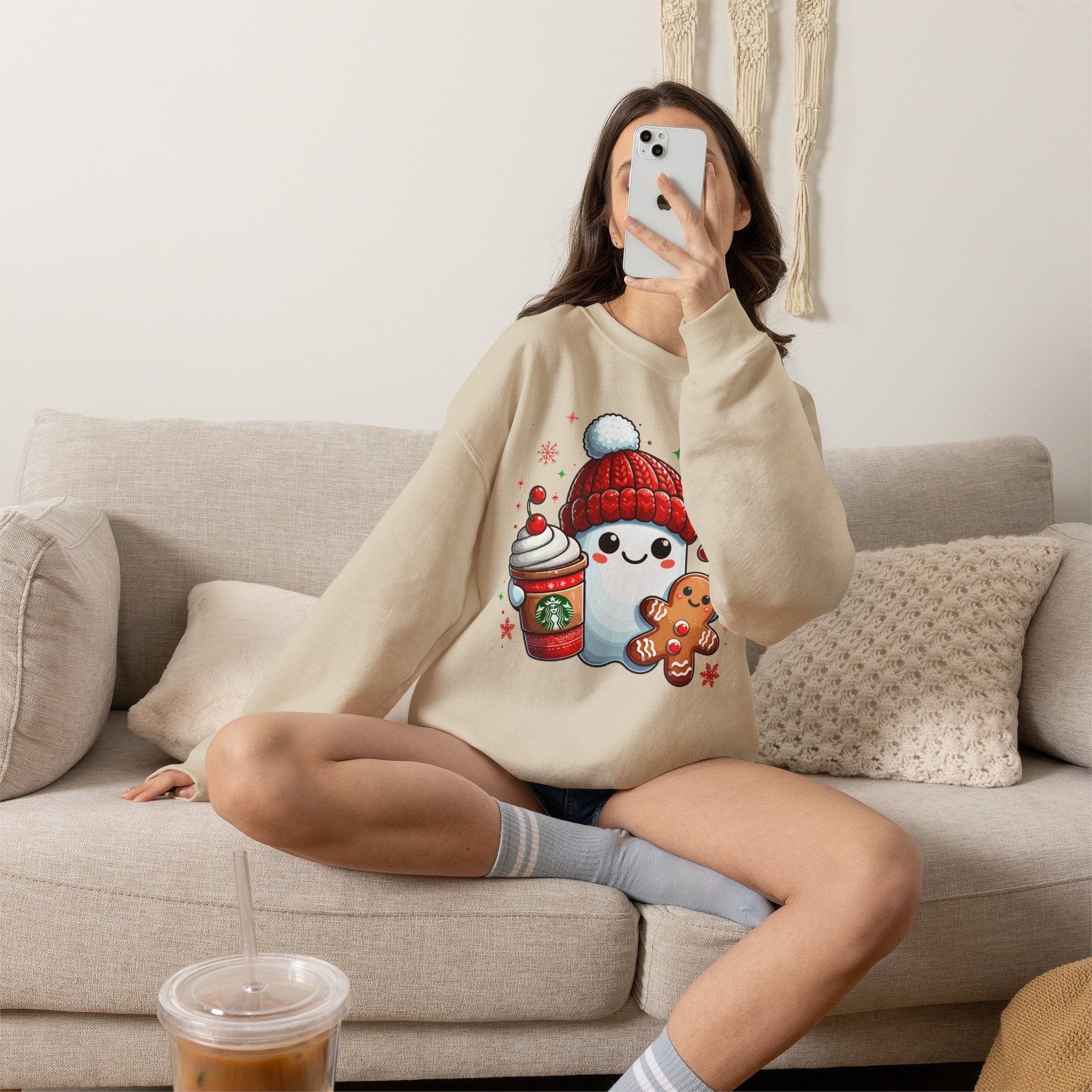 Holiday Marshmallow Character Sweatshirt — Cute Snowman with Gingerbread & Hot Cocoa