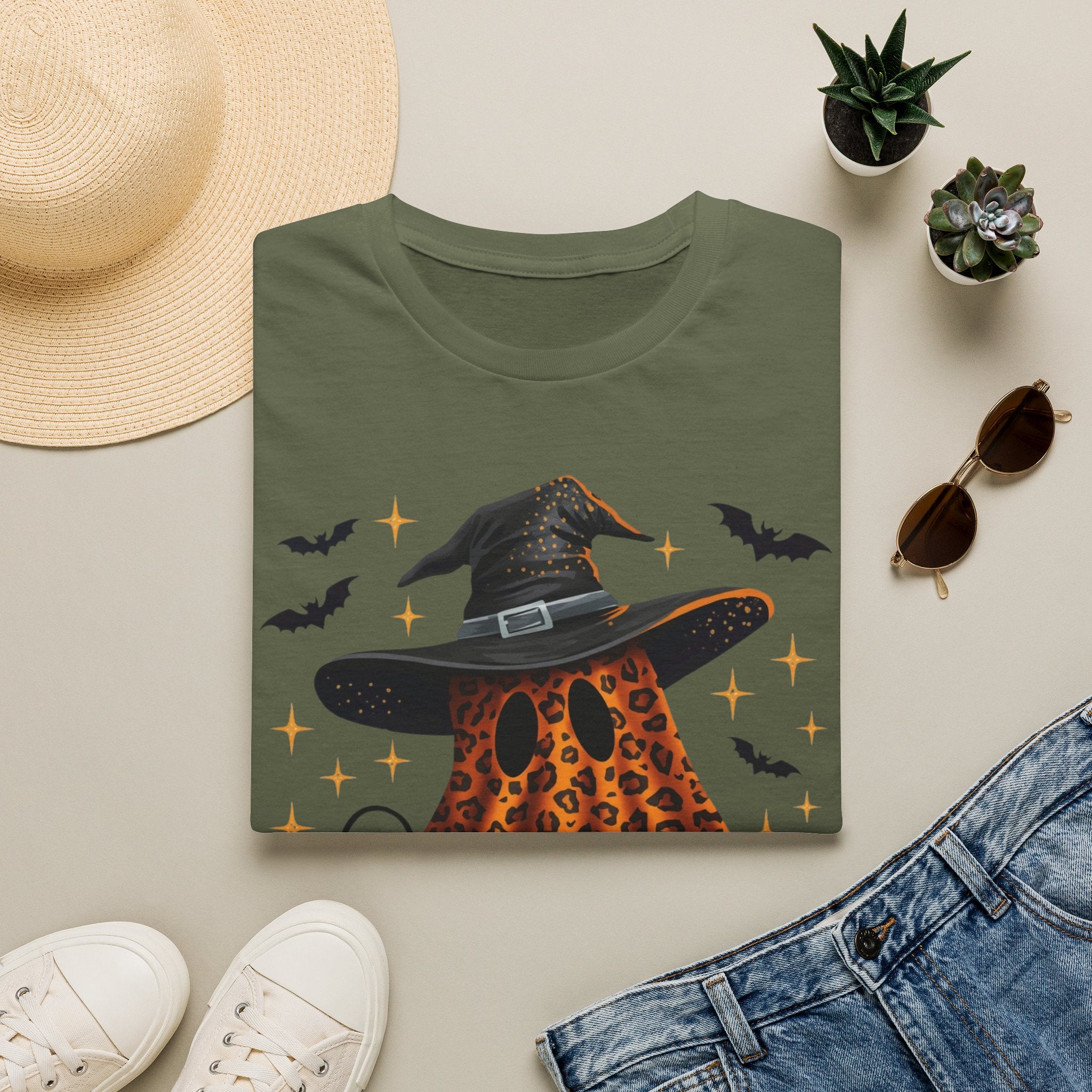 Halloween Leopard Ghost T-Shirt — Witch Hat & Bats Graphic
